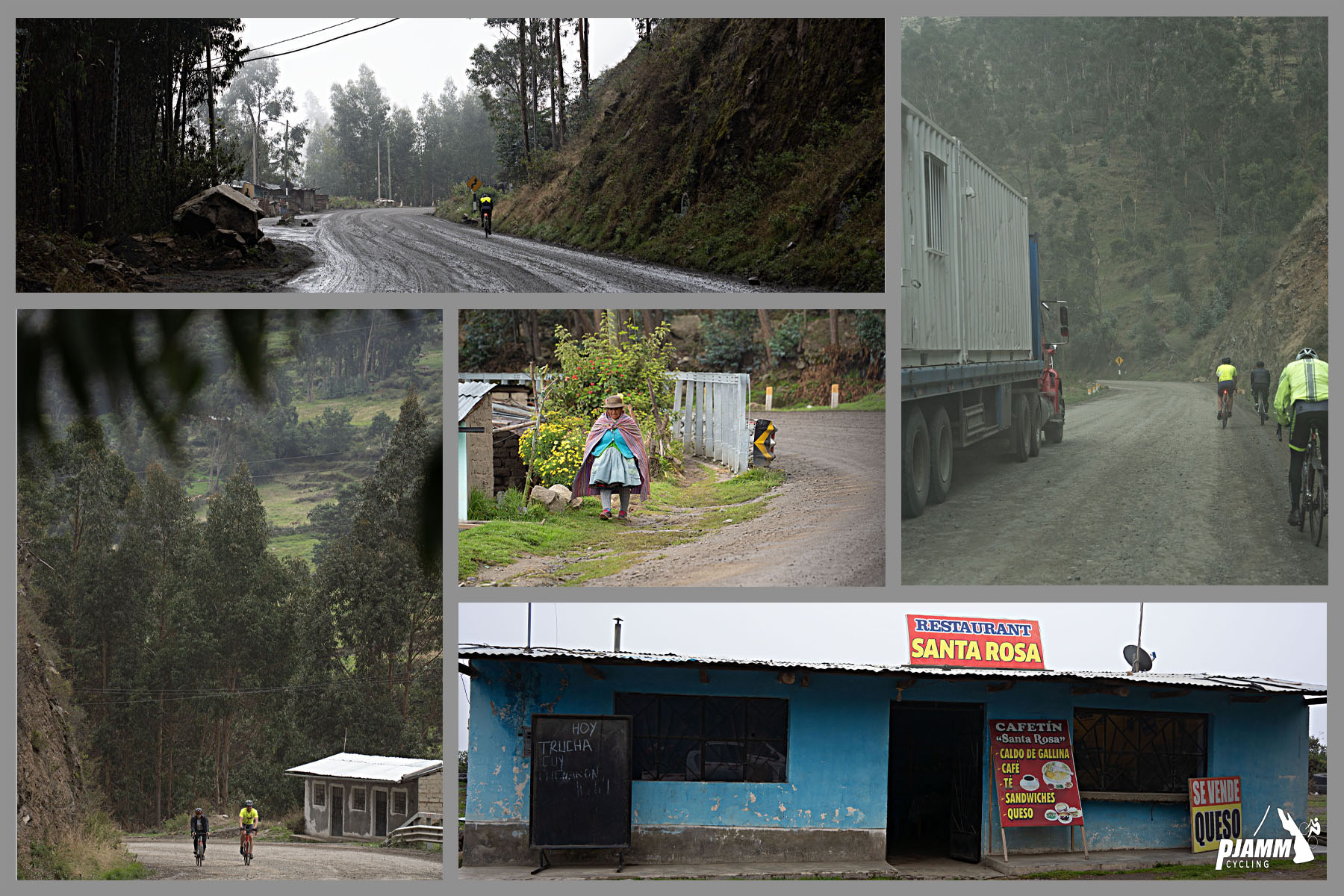 Cycling Conococha, Peru - photo collage shows a blue restaurant with sign reading "Restaurant Santa Rosa"; woman wearing traditional Andean wear walks along roadway