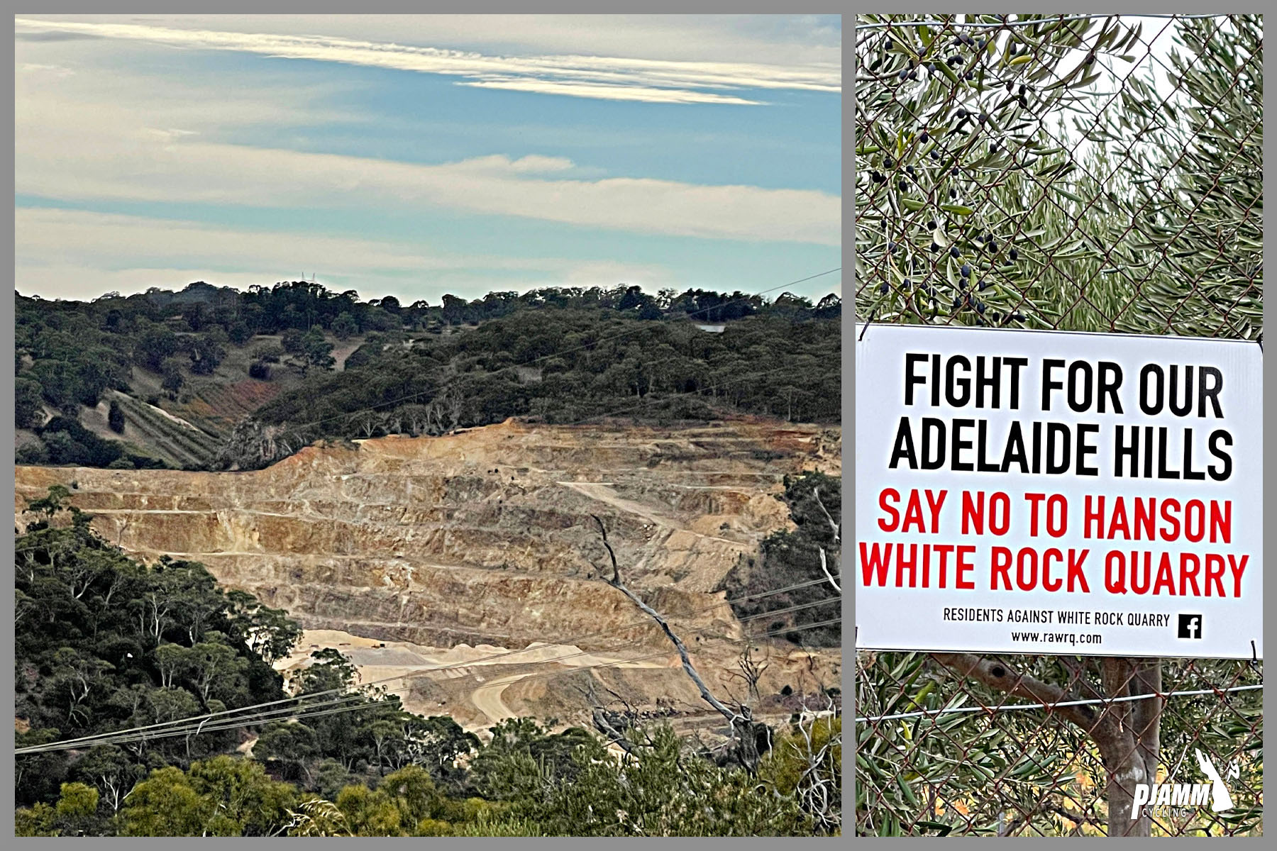 photo collage includes views of a rock quarry along with a large billboard reading "Fight for our Adelaide Hills, say no to Hanson White Rock Quarry"