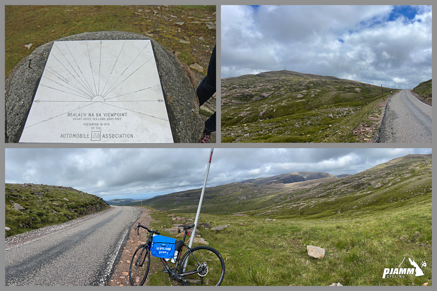 bike parked at the climb's standard finish location; sign for Bealach na Ba viewpoint