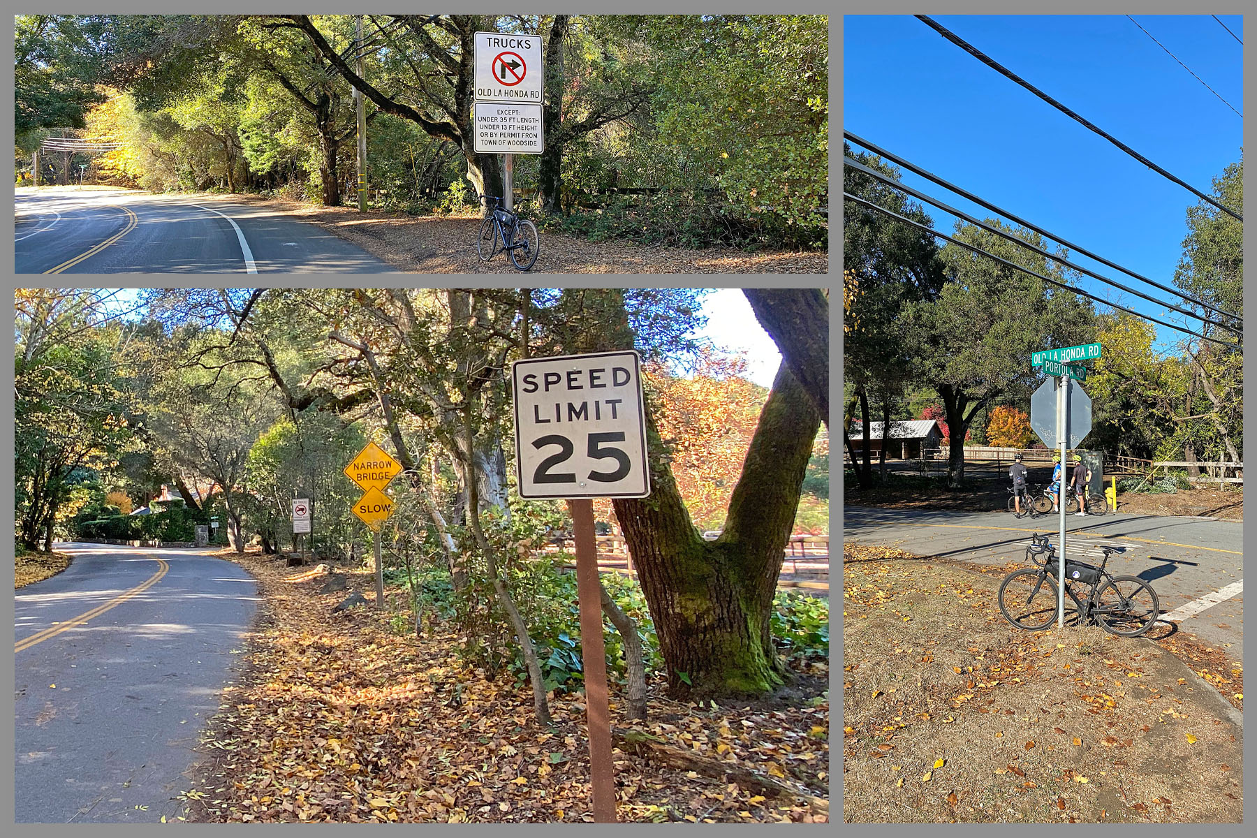 Cycling Old La Honda Road, California - bike parked at intersection of Portola Road and Old La Honda Road, speed limit sign for 25 MPH