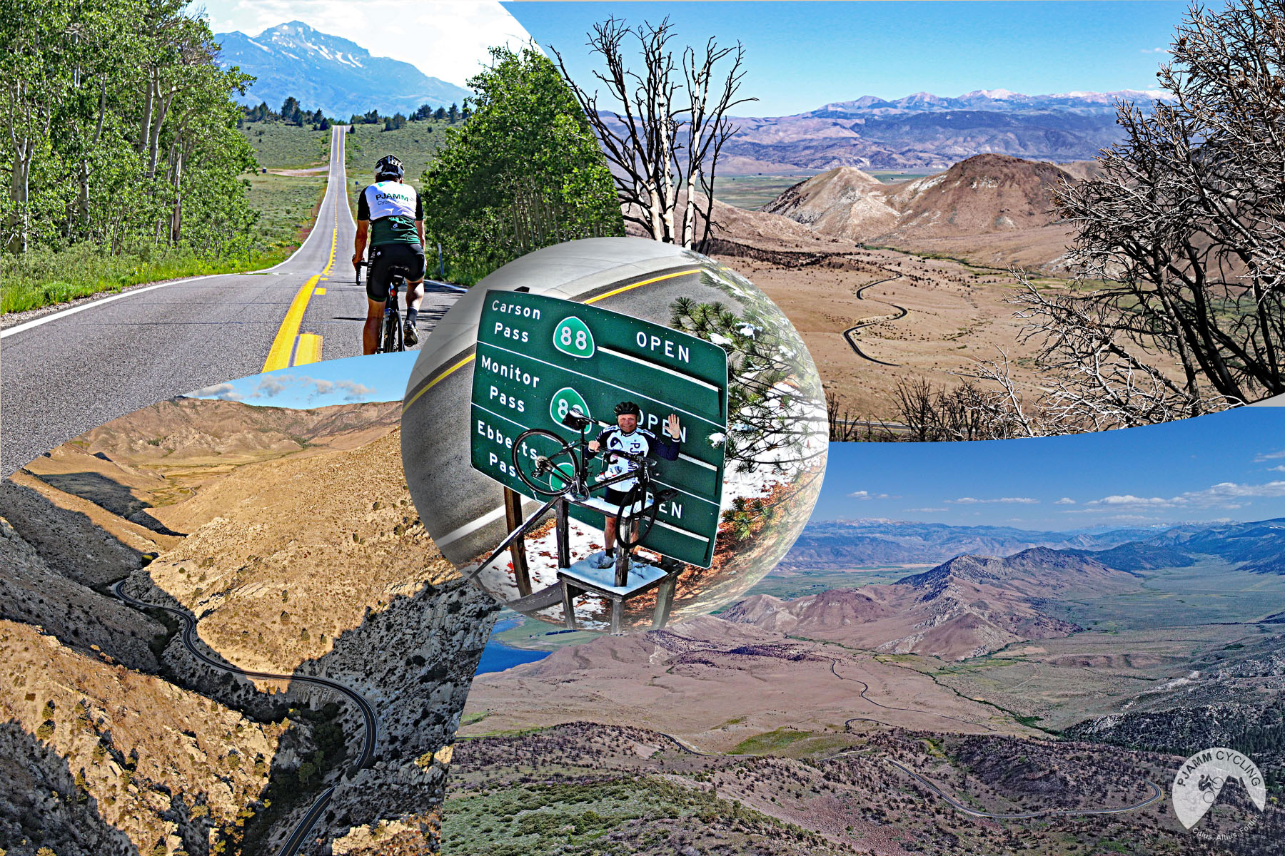 Cycling Monitor Pass East California's most epic bike climbs - aerial drone photo of road, mountains and Topaz Lake. 