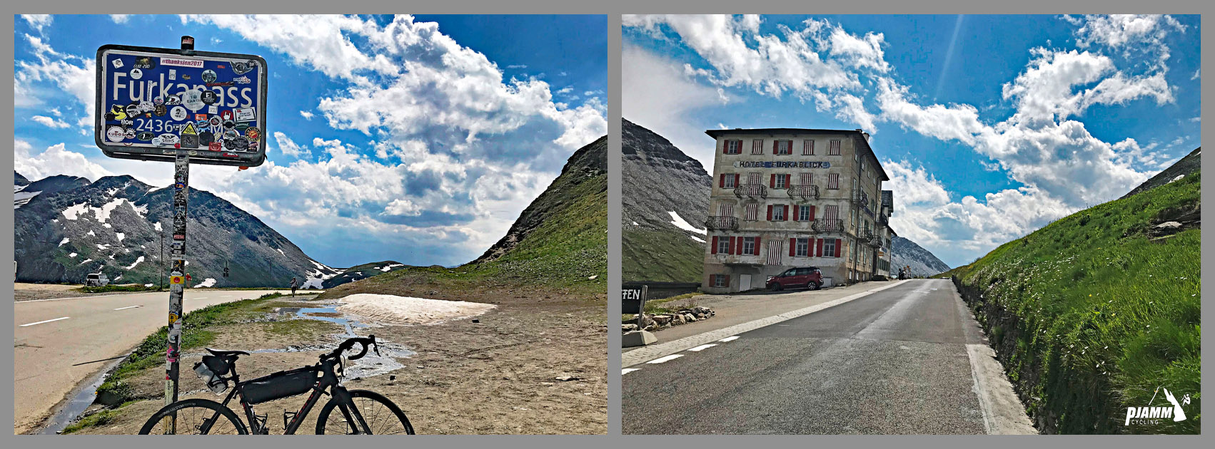 Cycling Furkapass, Realp, Switzerland - bike parked at sticker-covered sign reading "Furkapass," large white building on roadside at climb summit