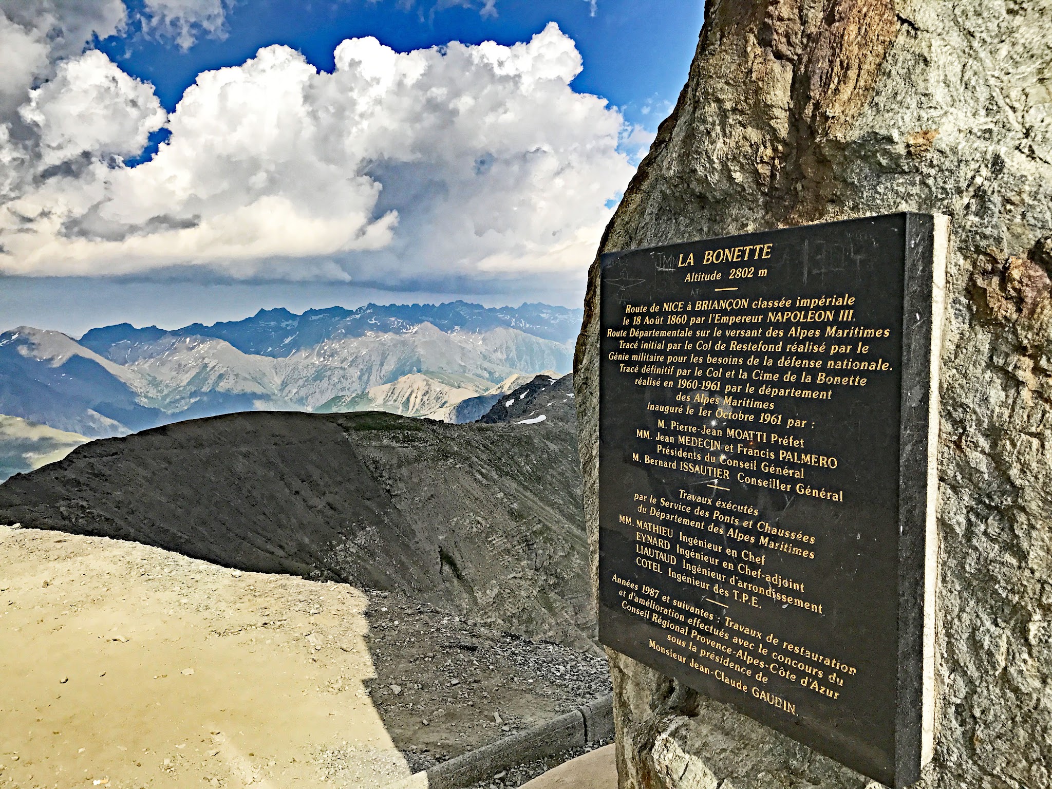 Cycling Cime Bonette from Jausiers, France - plaque at the top of mountain for the highest paved loop in Europe
