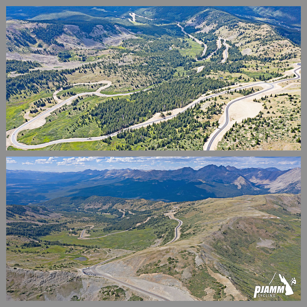 Cycling Cottonwood Pass, Colorado - photo collage, PJAMM Cycling logo in corner, views down the backside of Cottonwood Pass, aerial views of road snaking up moutainside