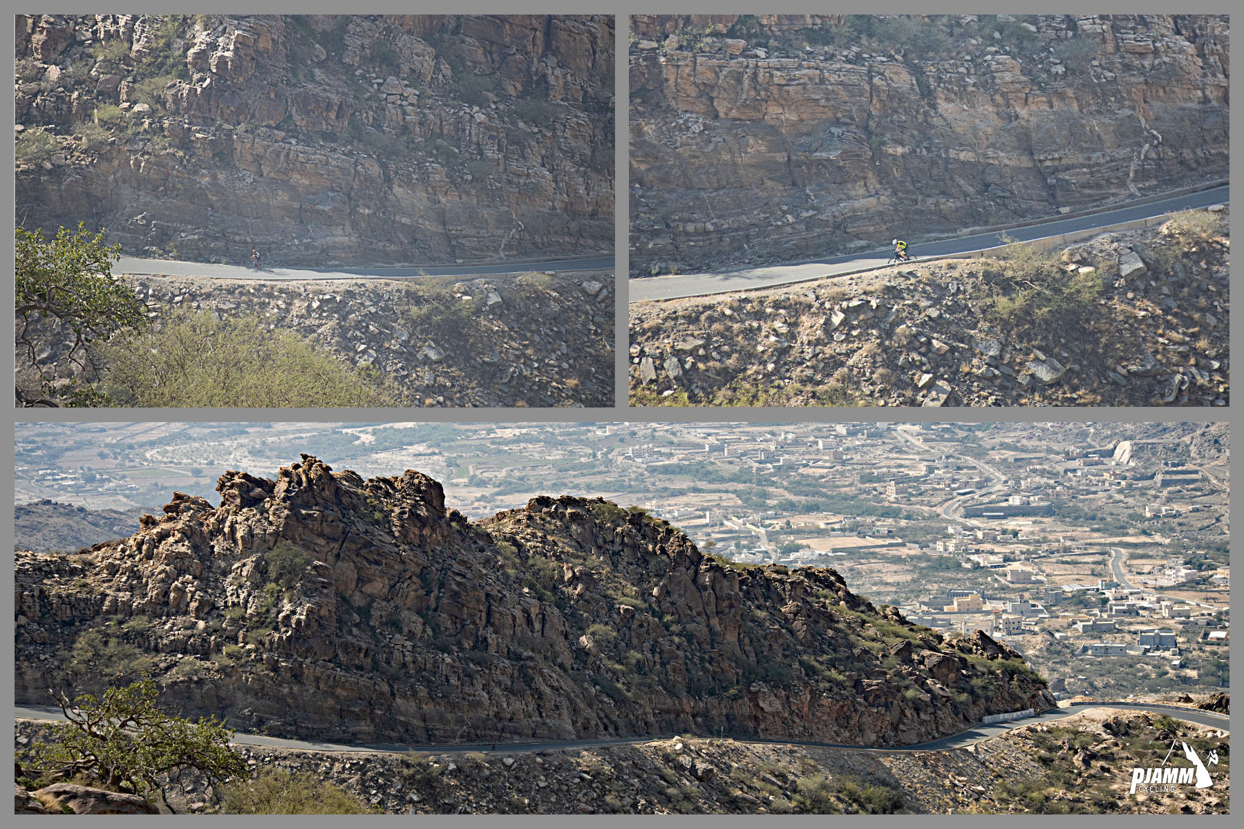 Cycling Parmah Pass, Saudi Arabia - photo collage shows views of the roadway from above, PJAMM Cycling logo in corner