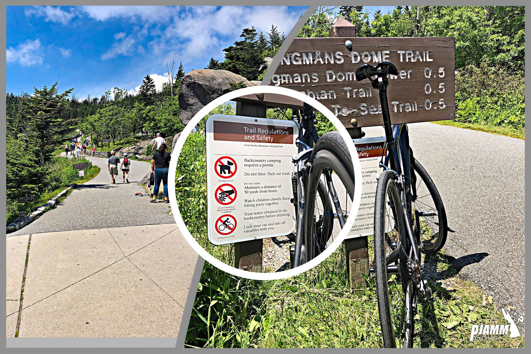 Cycling Clingmans Dome, Tennessee - photo collage, tourists and hikers walking along trail toward Clingmans Dome Observation Tower, bike parked against sign for tower, PJAMM Cycling logo in corner