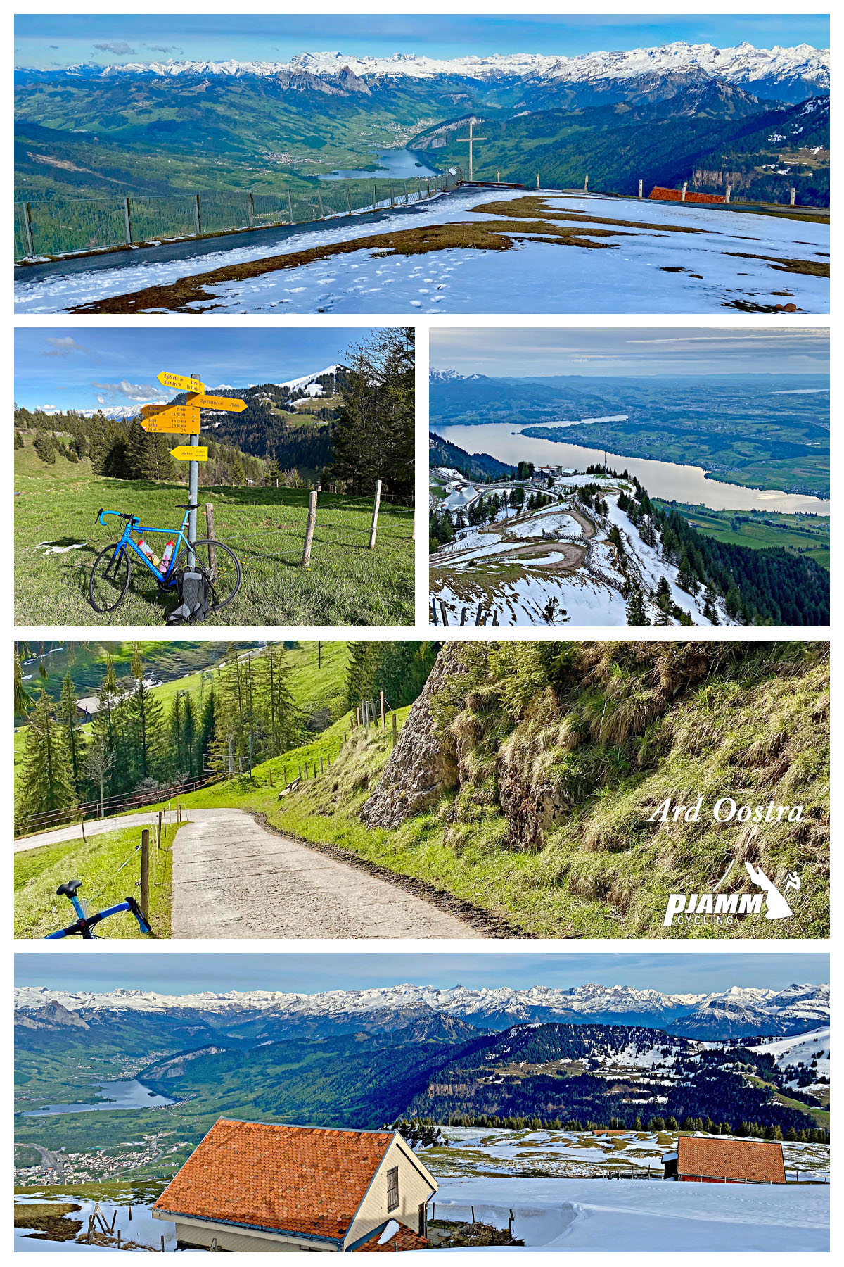 Cycling Mount Rigi, Switzerland - views looking down the mountainside show snow in mid-May