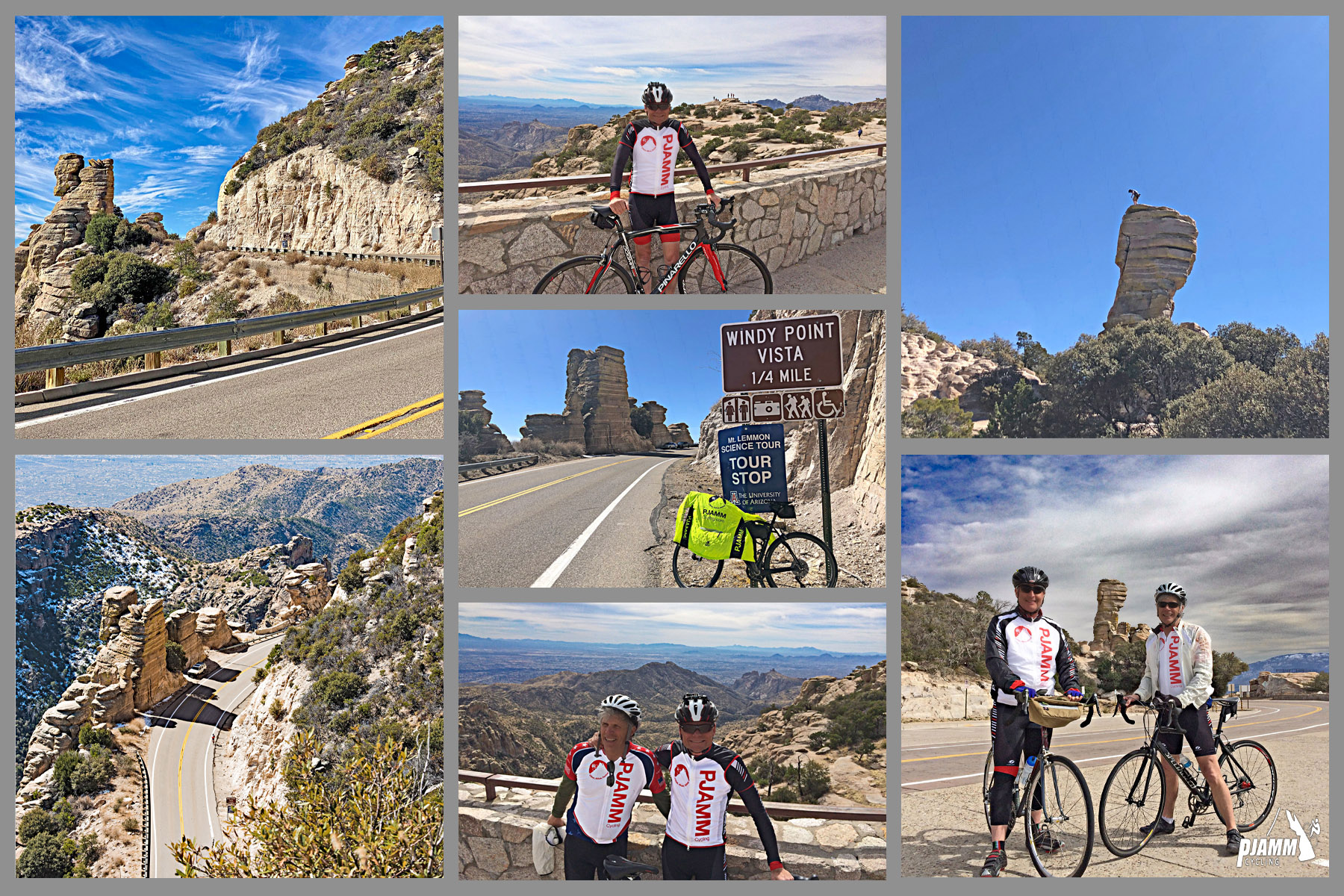 Cycling Mt. Lemmon, Arizona - views between the middle segment of climb to Windy Point, saguaro cacti, hoodoo, rock formations, PJAMM Cyclists, PJAMM Cycling logo in corner