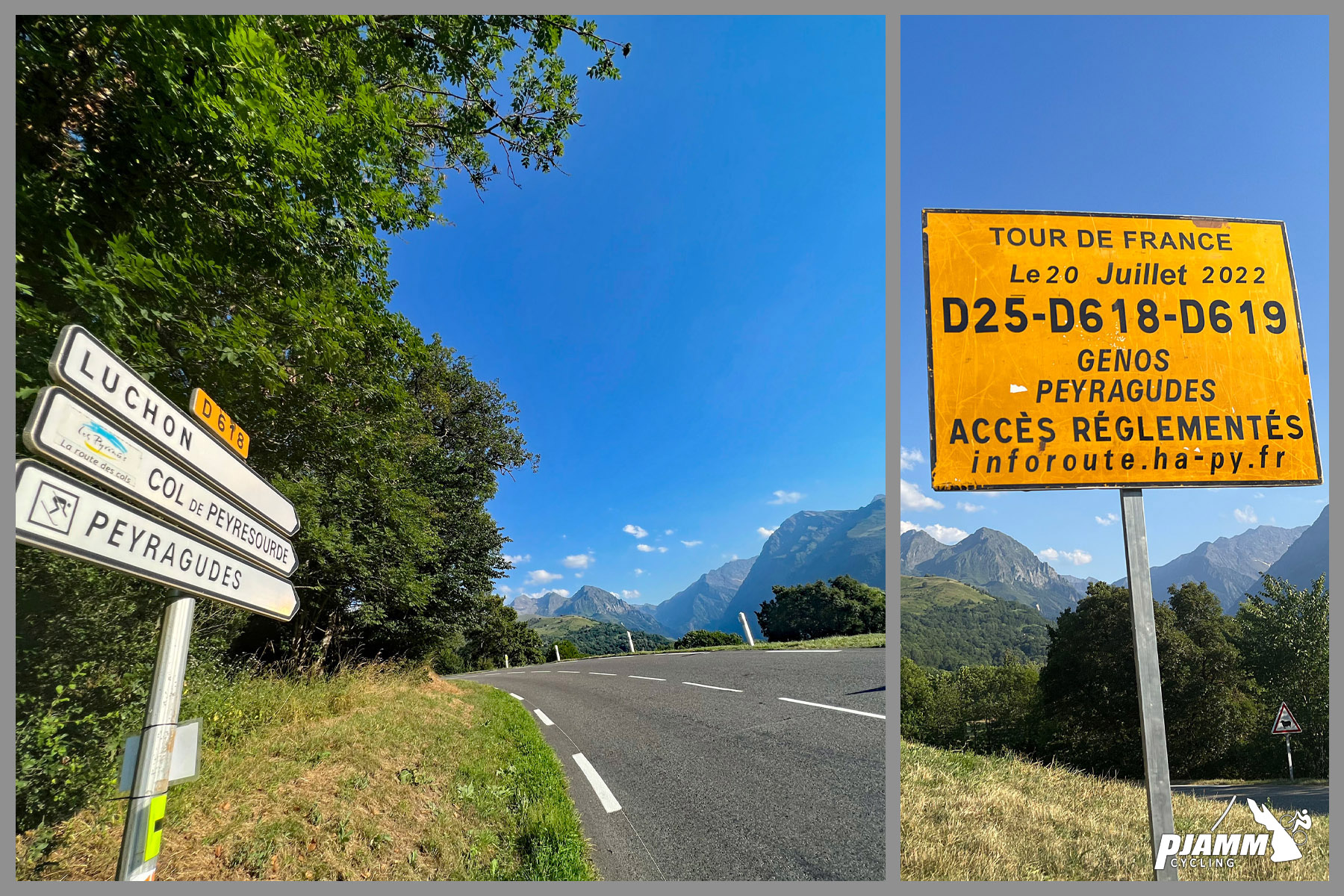 road signs at climb start, including one for Tour de France, Luchon, Peyragudes
