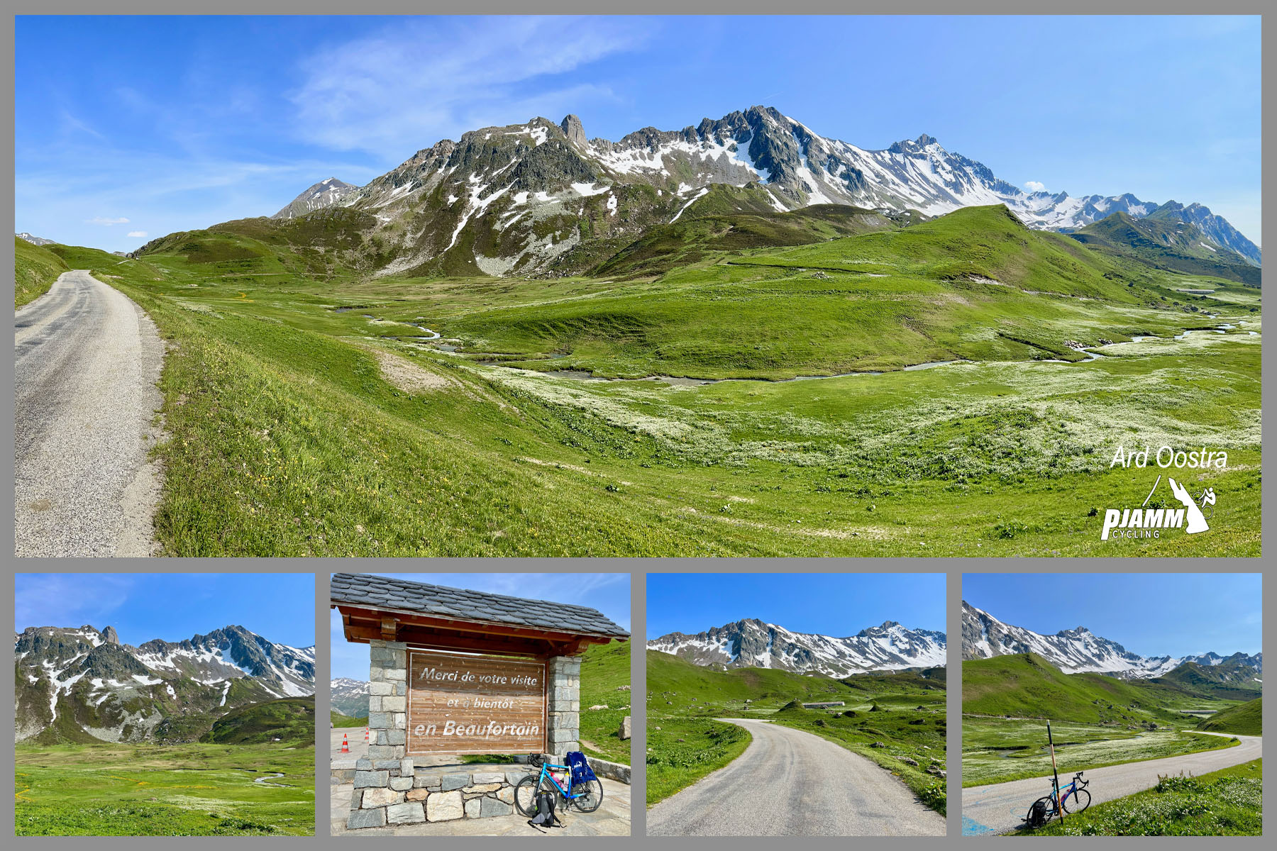 photo collage shows beautiful alpine setting, bright green hillsides and snow-capped mountaintops in distance