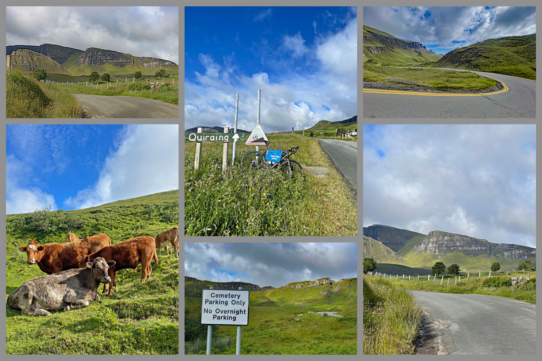 photo collage includes cows laying down in green pastures, hand painted sign reads "Quiraing," street sign reads "Cemetery parking only, no overnight parking"