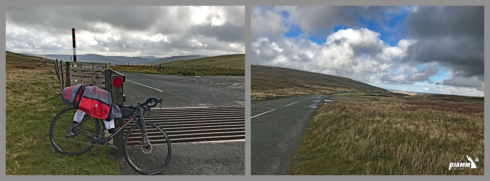 climb finish at cattle guard, bike parked next to cattle guard