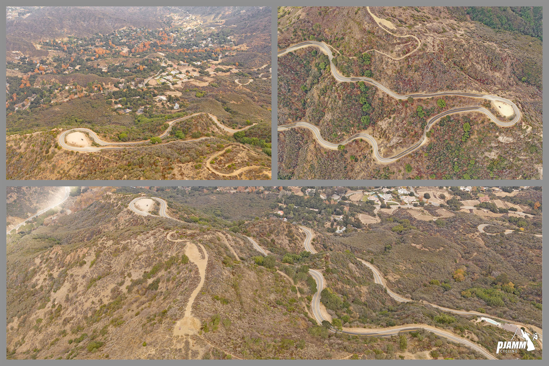 Cycling Malibu Canyon Road to the top of Piuma Road - aerial drone views of the David M. Brown Overlook and the hairpin turn that borders it, Santa Monica Mountains