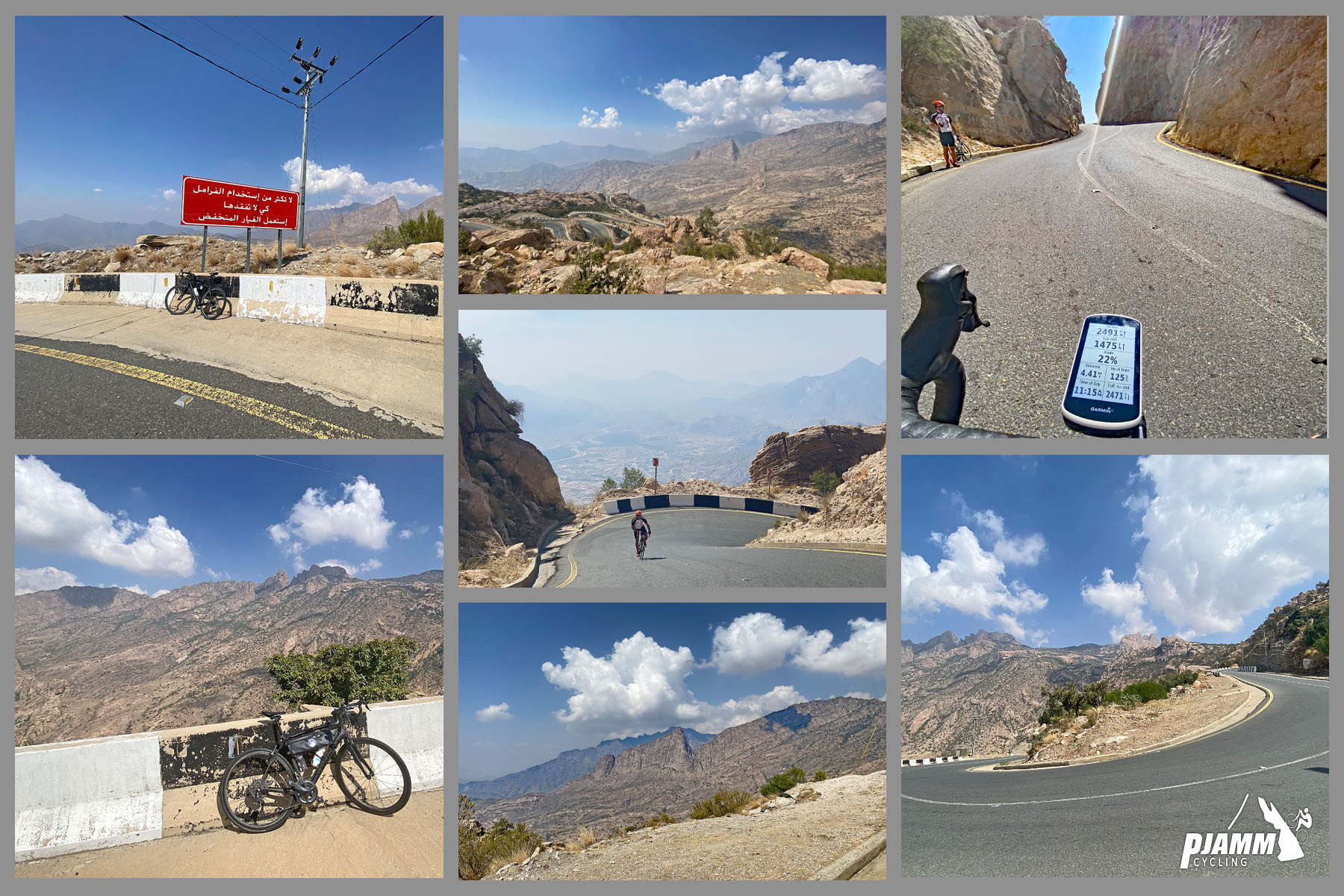 Cycling Parmah Pass, Saudi Arabia - photo collage, PJAMM Cycling logo in corner, views along the climb, PJAMM Cyclist tackles sharp hairpin turns, Garmin device reads 22%