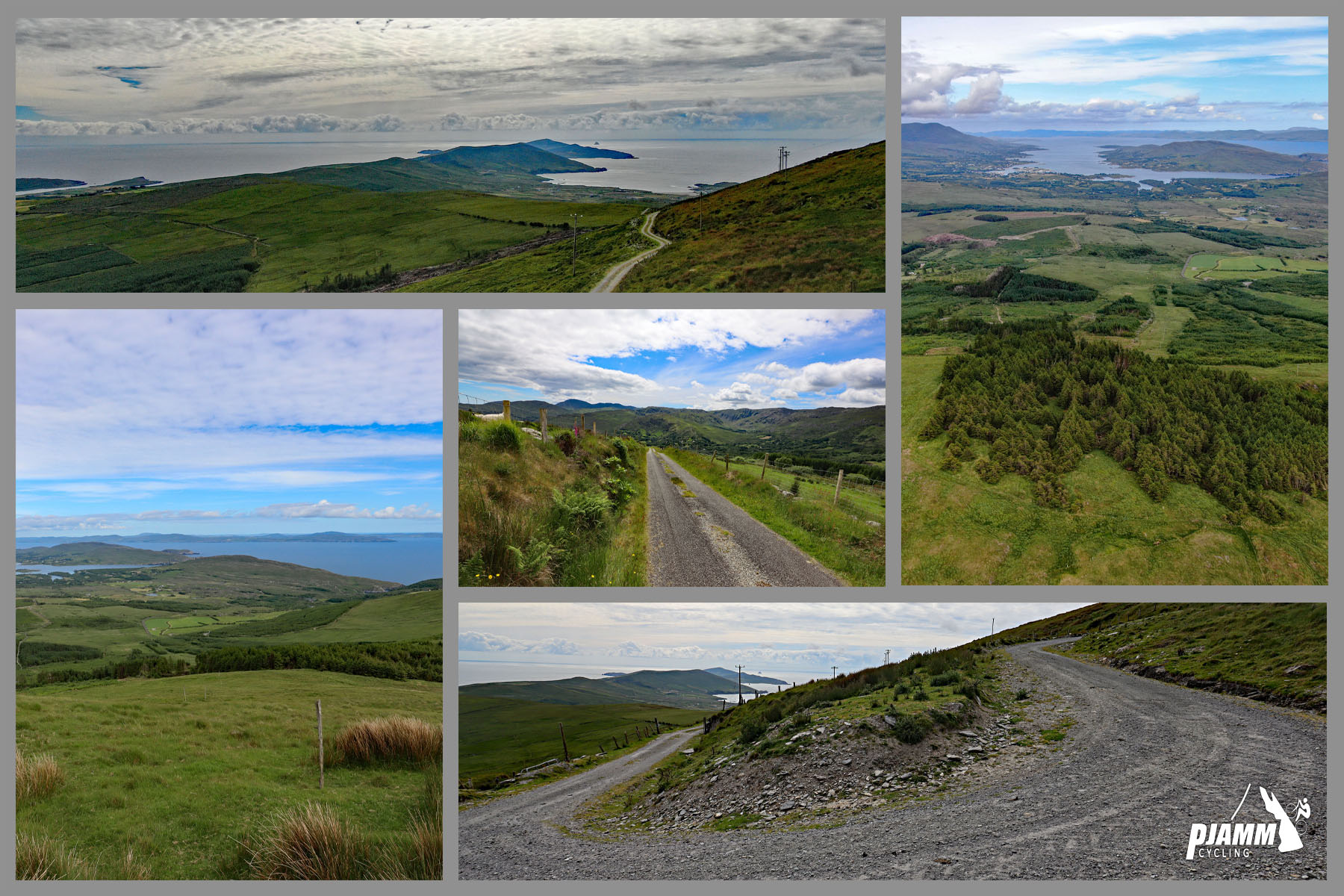 photo collage shows views looking back down the roadway as you climb, Beara Peninsula 