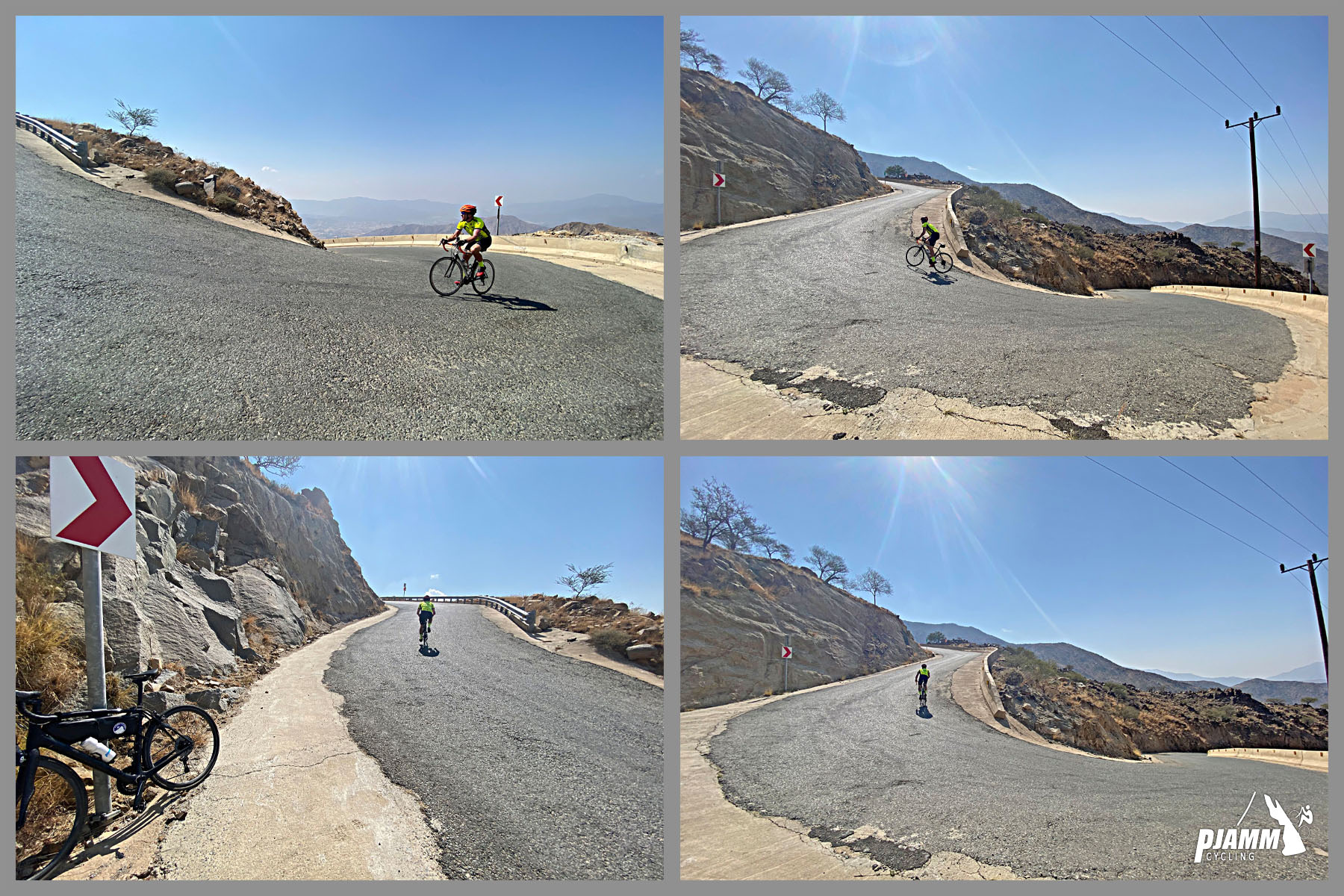 Cycling Baniamr Aquabah Pass, Saudi Arabia - photo collage, PJAMM Cyclists ride on extremely sharp hairpin turns toward climb's finish, PJAMM Cycling logo in corner