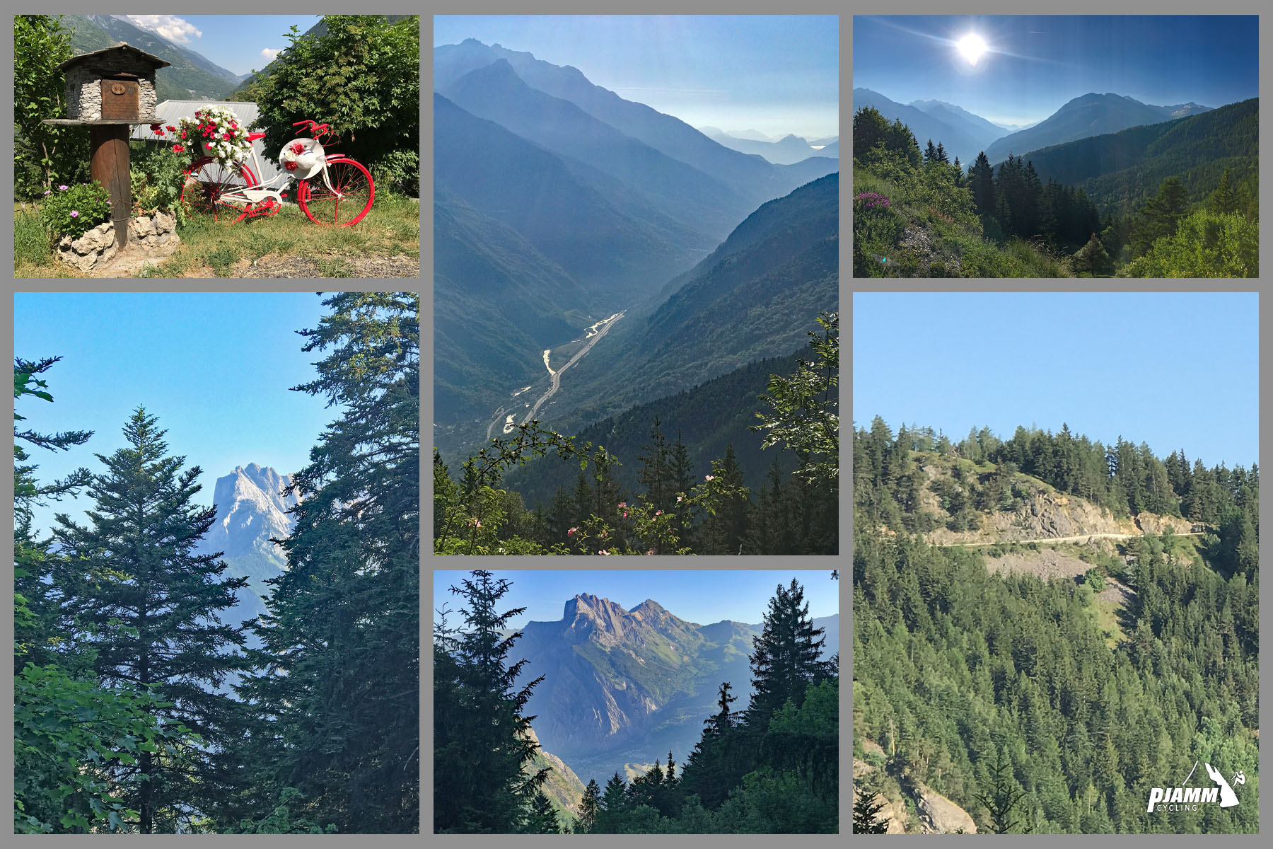 Cycling Col du Galibier & Telegraphe: photo collage shows beautiful French Pyrenees mountain views along the climb, Maurienne Valley 