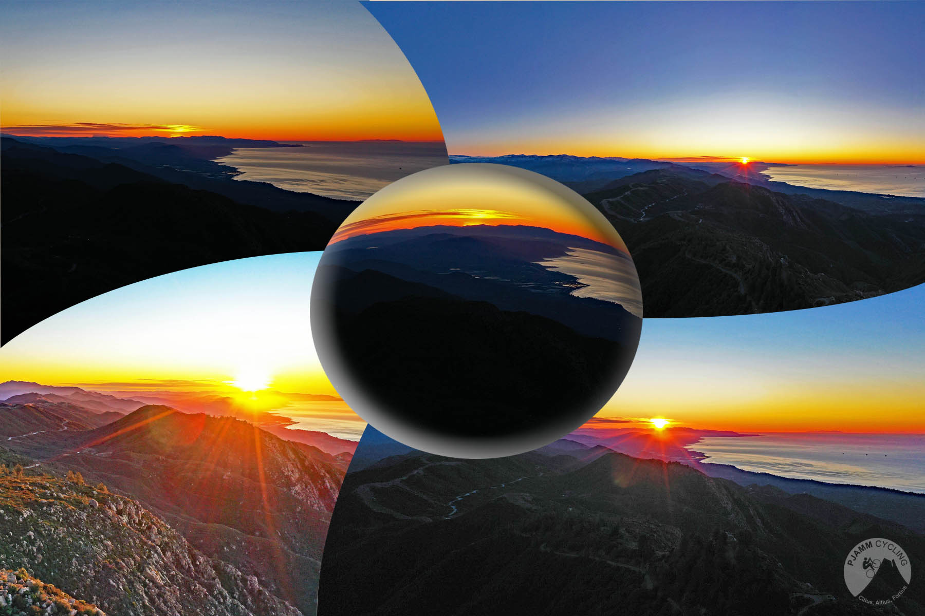 Cycling Gibraltar Road - aerial drone collage photo of sunrise