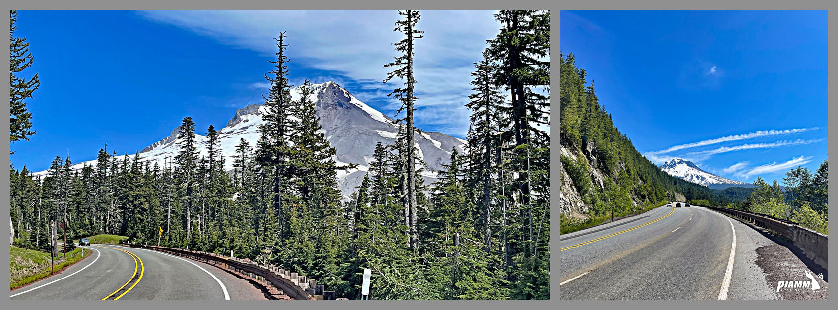two-lane highway roadway headed toward summit of Mt. Hood, evergreen lined roadway