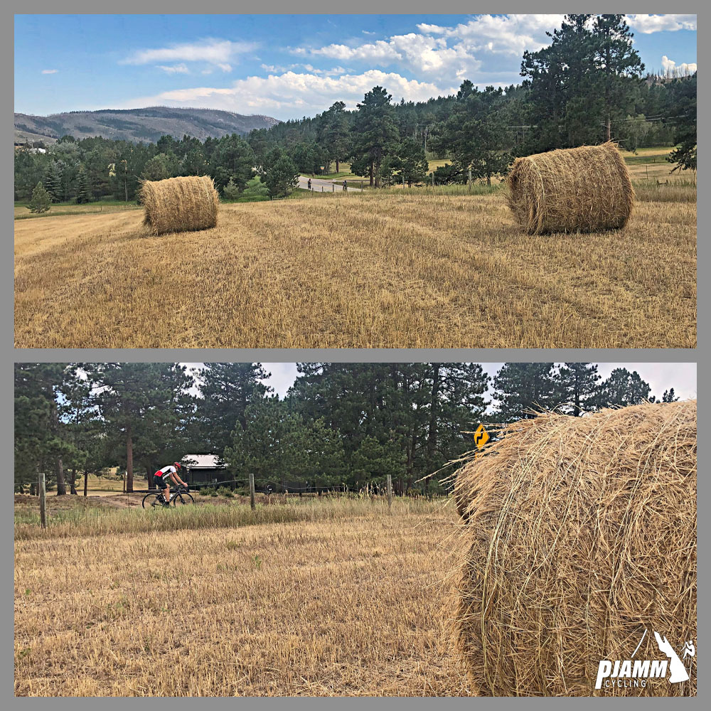 Cycling Rist Canyon East - photo collage, PJAMM Cycling logo in corner, large cylindrical bales of hay in field, cyclist riding on roadside next to field