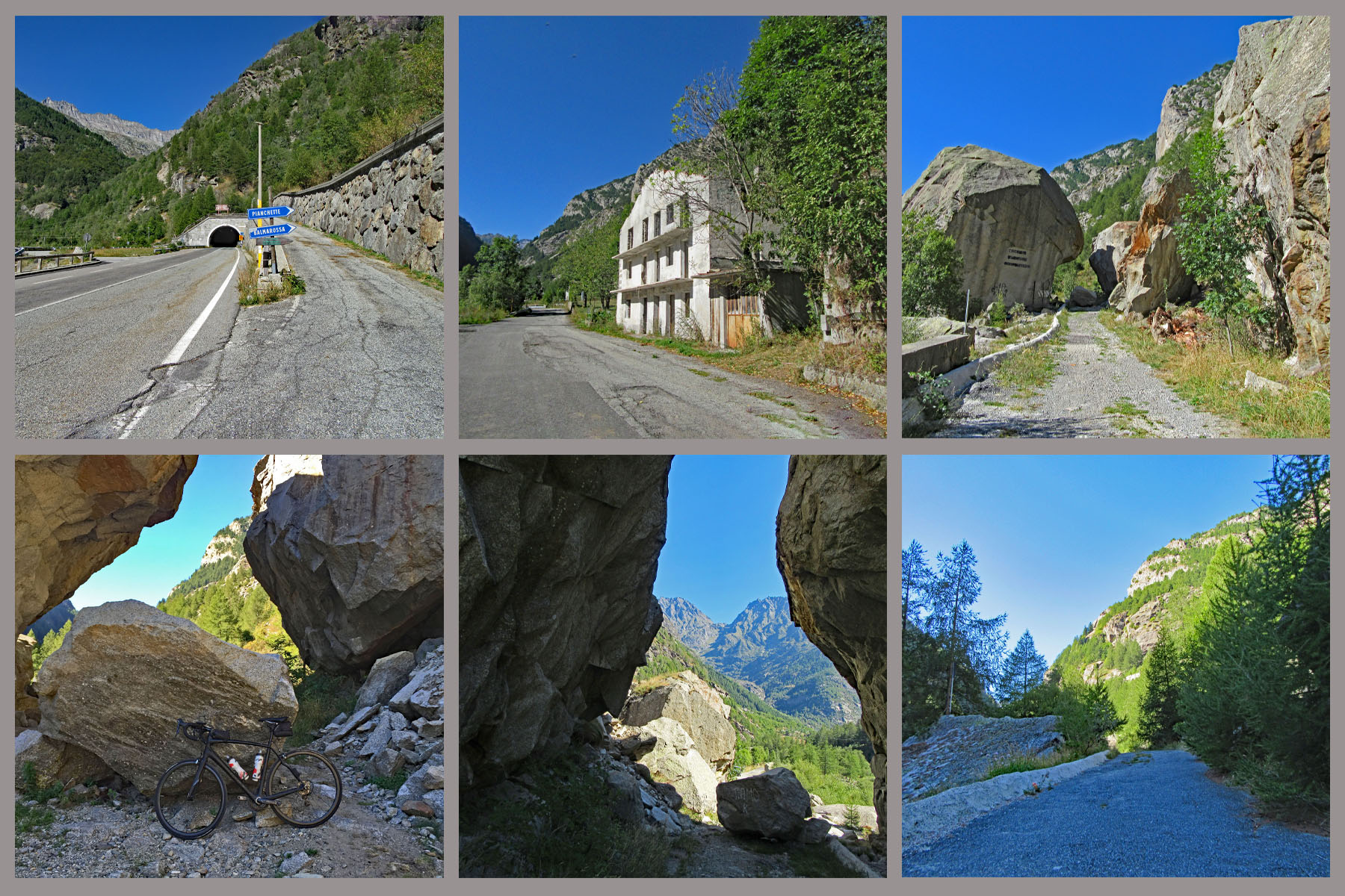 Cycling Colle de Nivolet, Italy - photo collage shows tunnel and alternative road, which is rocky and lined with huge boulders