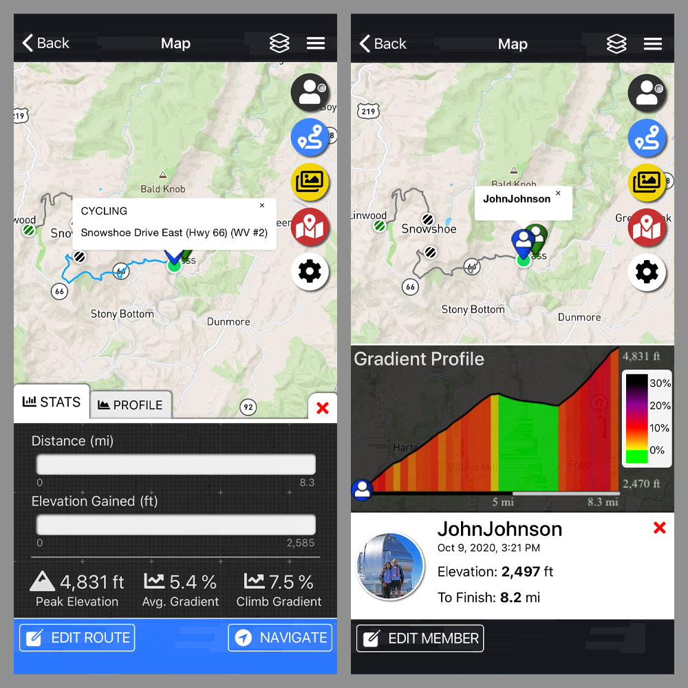 Cycling Snow Shoe Drive East, West Virginia - PJAMM adventure app shows climb grade and profile