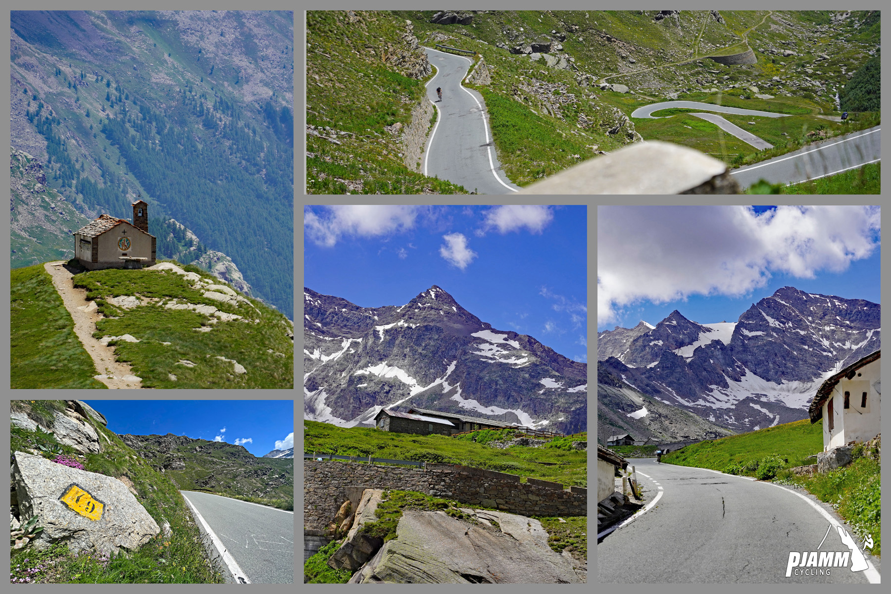 Cycling Colle de Nivolet, Italy - photo collage shows scenic views of final 5 kilometers of ride, including snow patches on mountain tops, bright green pastureland, and alpine setting