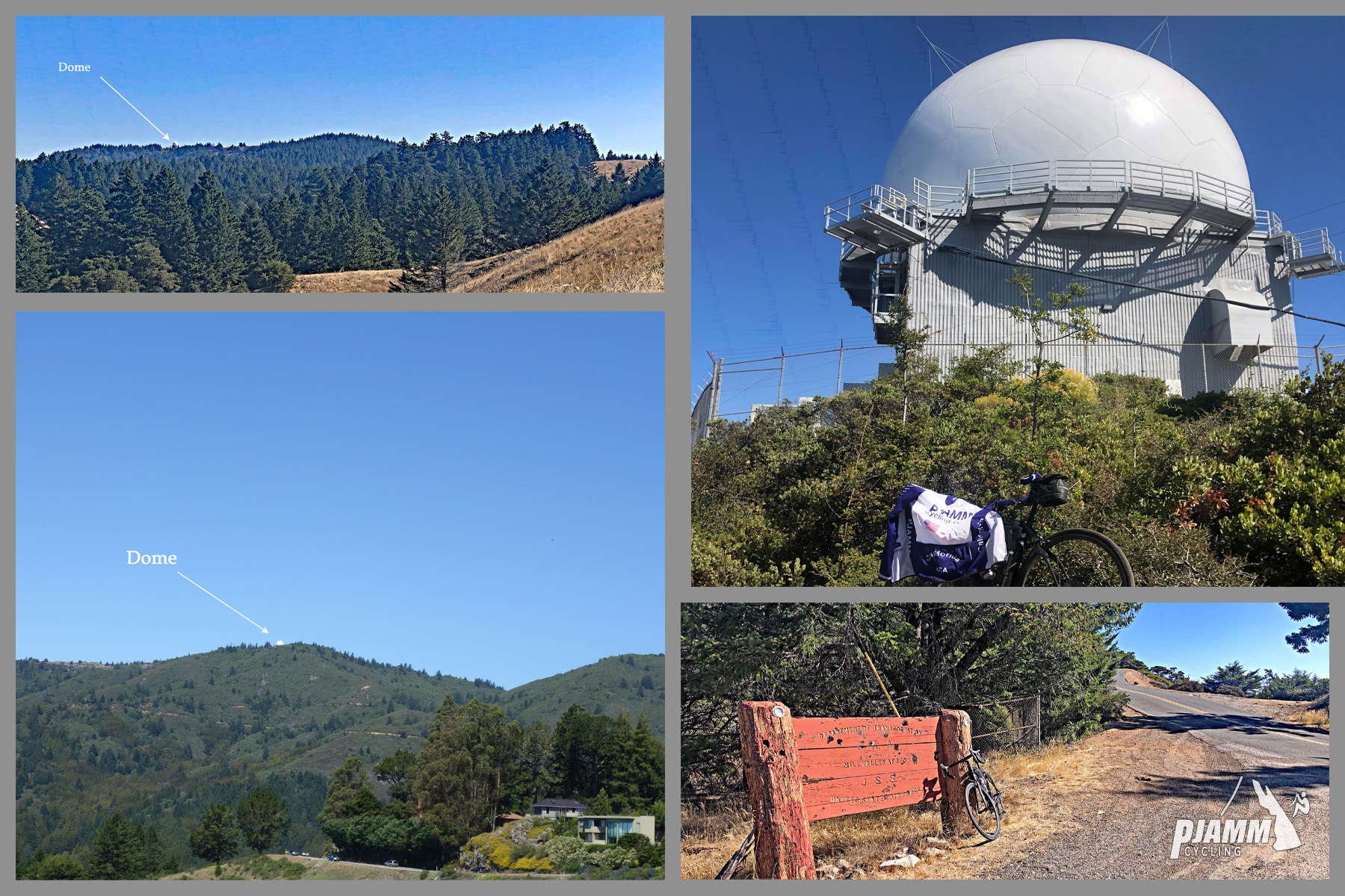Cycling Mt. Tamalpais from Panoramic Highway South - photo collage, PJAMM Cycling logo in corner, view from Ridgecrest Boulevard of mountain with Dome on top, up close view of white dome with bike parked below it