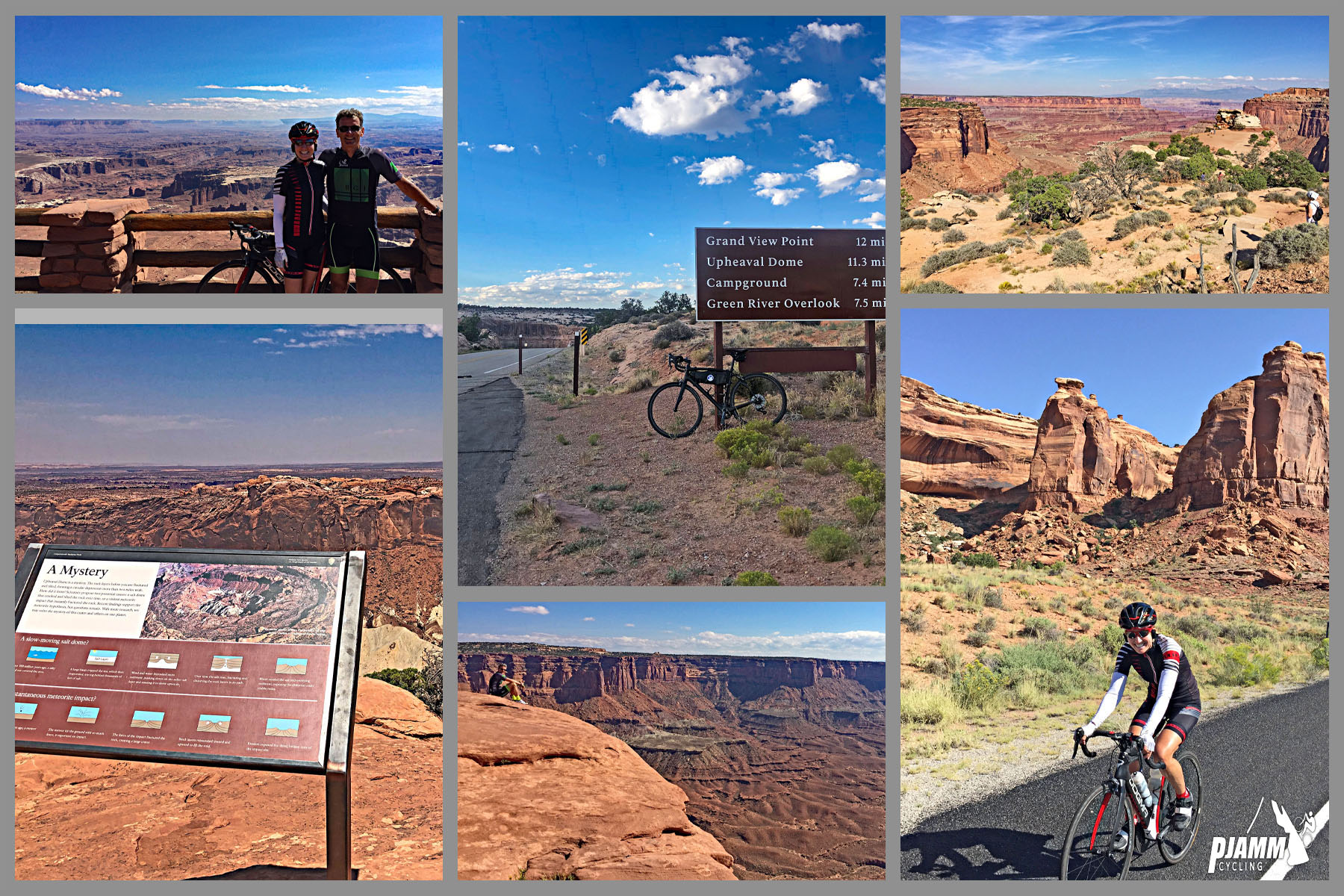 Cycling Canyonlands National Park Cycling Canyonlands National Park - photo collage, PJAMM Cycling logo in corner, views of rock formations, vistas, plateaus, and cyclists throughout Canyonlands National Park