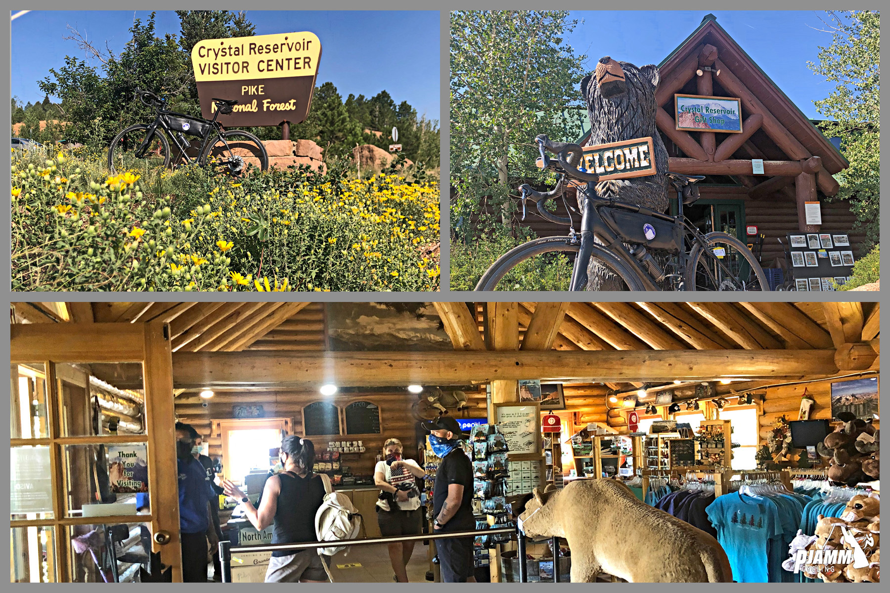 Cycling Pikes Peak - photo collage, PJAMM Cycling logo in corner, bike parked in wildflowers against sign for Crystal Reservoir Visitor Center, bike parked against wooden statue of bear holding welcome sign at entrance to visitor center, interior of visitor center