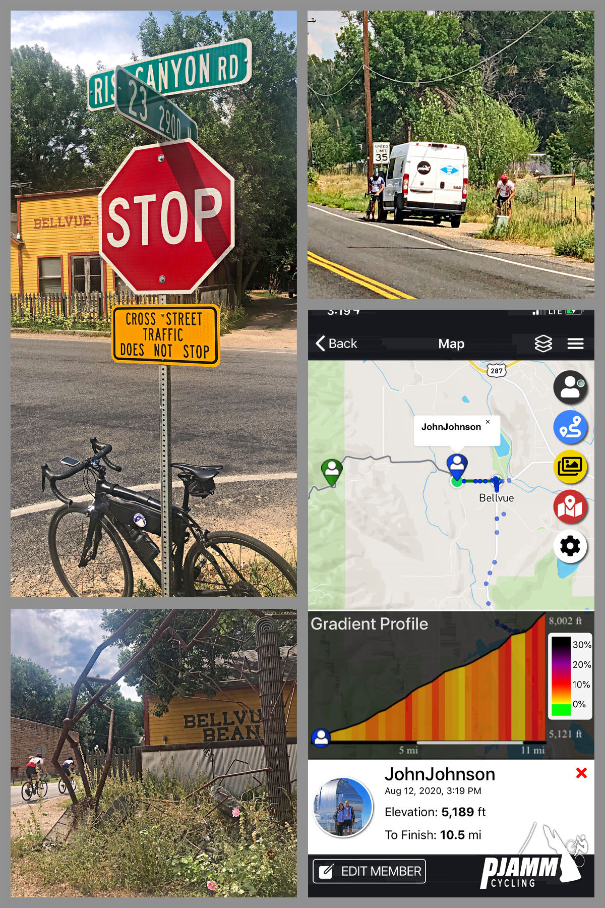 Cycling Rist Canyon East - photo collage, PJAMM Cycling logo in corner, bike parked at Stop sign in front of yellow Bellvue store, cyclists getting ready to leave from PJAMM Cycling's white SAG van, climb map and gradient