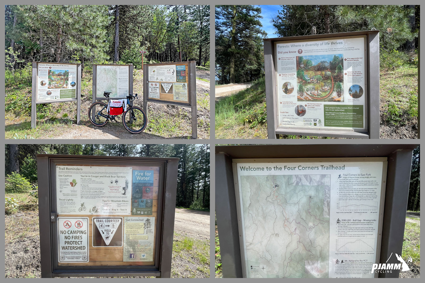 Cycling Mt. Ashland, Oregon via Loop Road: photo collage shows informational signs on Four Corners Trailhead, including maps and general trail reminders, bike with PJAMM Cycling jersey draped over it parked in front of signage