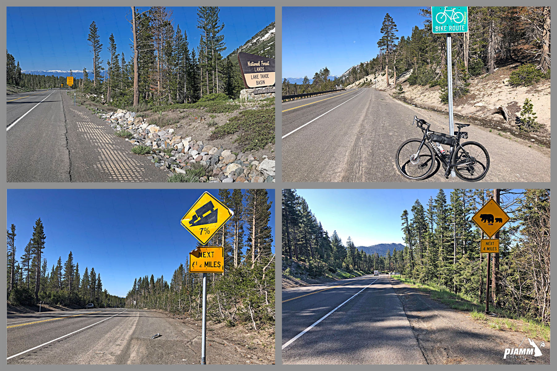 Cycling Mt. Rose from Incline Village (west; Lake Tahoe) - sign for 7% grade, National Forest Sign, bike leaning against road sign for Bike Route, two-lane highway alpine road, pine trees