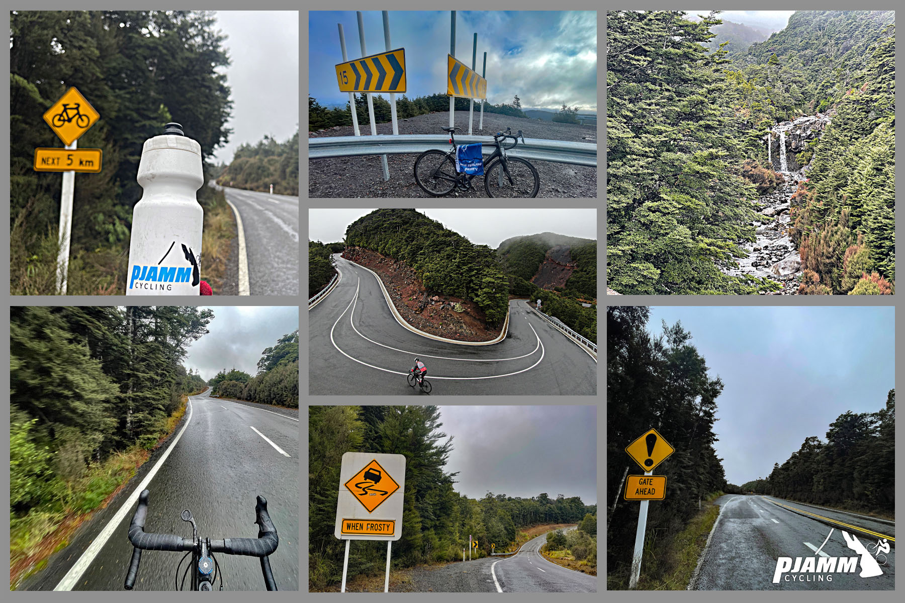 photo collage shows wet roads and many signs warning of slippery and windy conditions