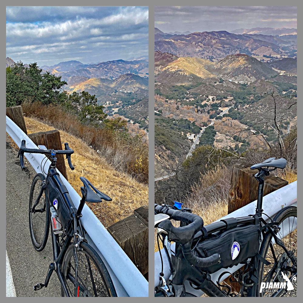 Cycling Malibu Canyon Road to the top of Piuma Road - view looking down canyon, bike leaning against guardrail, Santa Monica Mountains