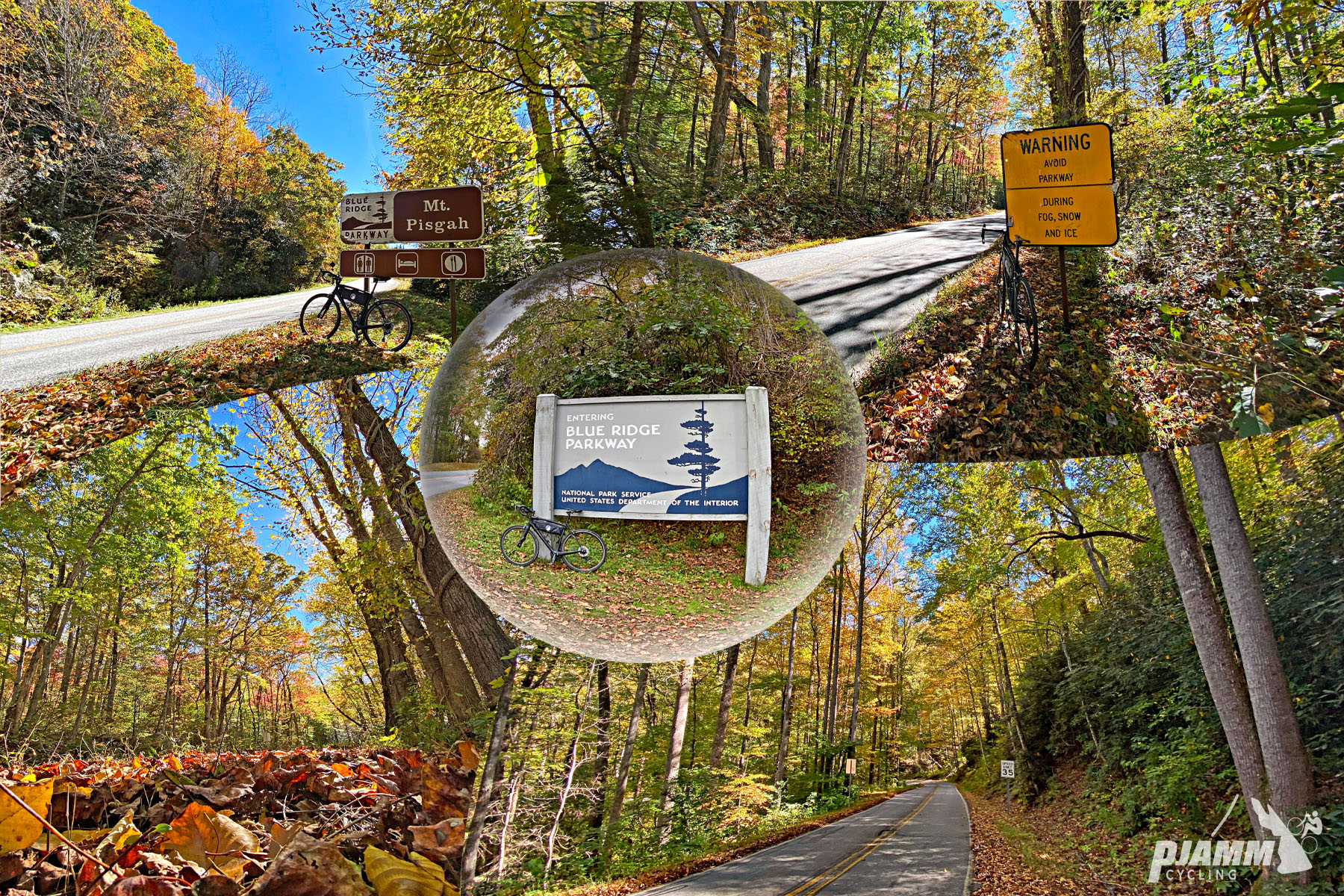 Cycling Mt. Pisgah, Route 151, North Carolina - photo collage, PJAMM Cycling logo in corner, signs for Blue Ridge Parkway, Mt. Pisgah, dense forestation