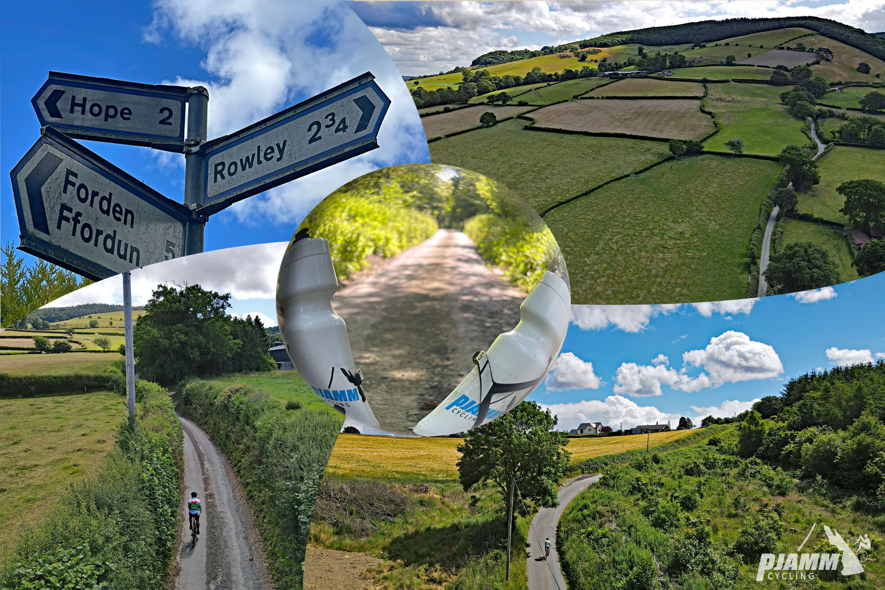 photo collage shows views along the climb: PJAMM Cyclist riding on one-lane roadway lined by tall hedges, street signs for Hope, Forden Ffordun, and Rowley, aerial drone view of hedge-lined pastureland