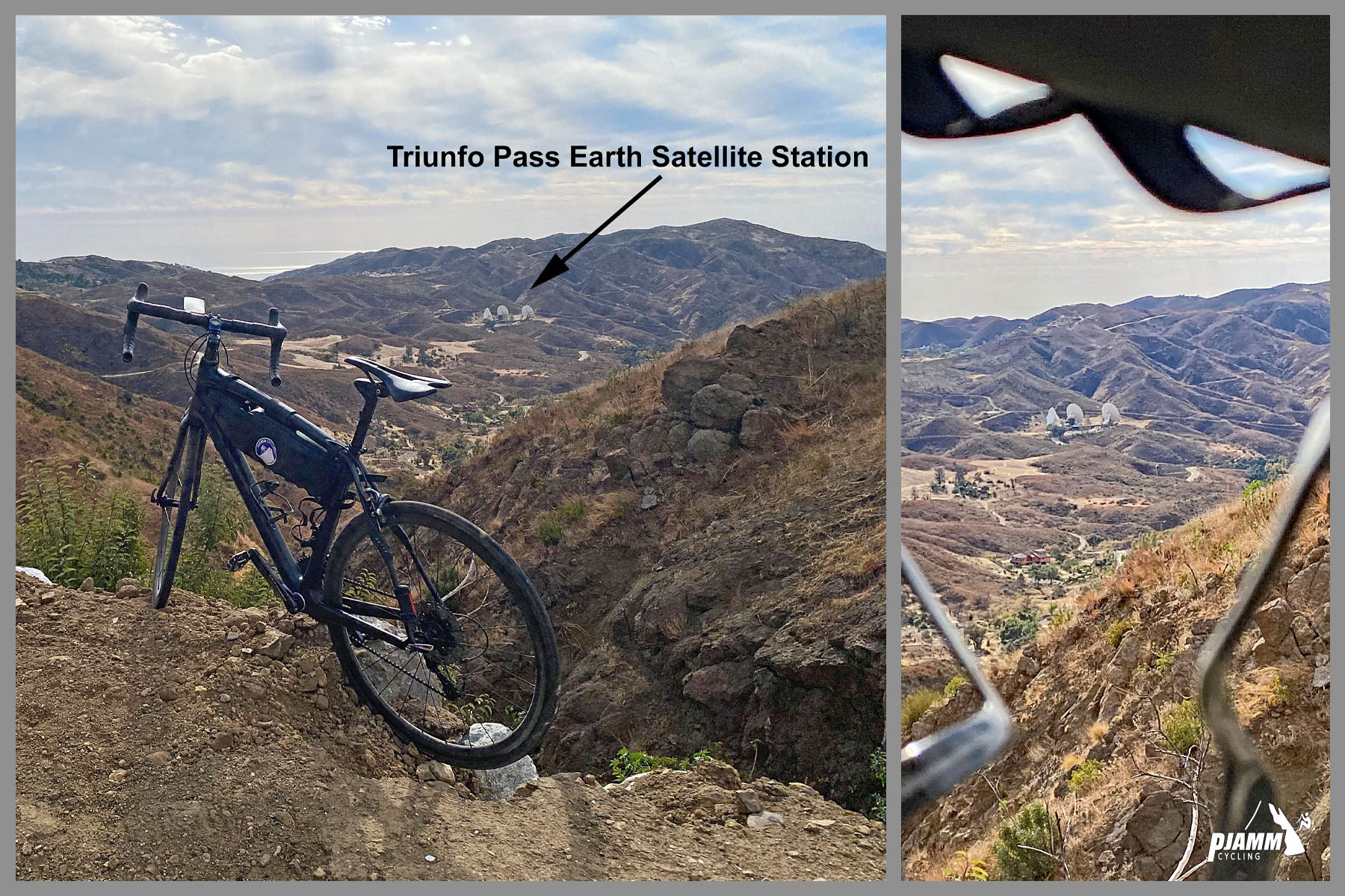 Cycling decker Road to Yerba Buena high point - bike parked on mountain side overlooking the Triunfo Pass Earth Satellite Station, Santa Monica Mountains