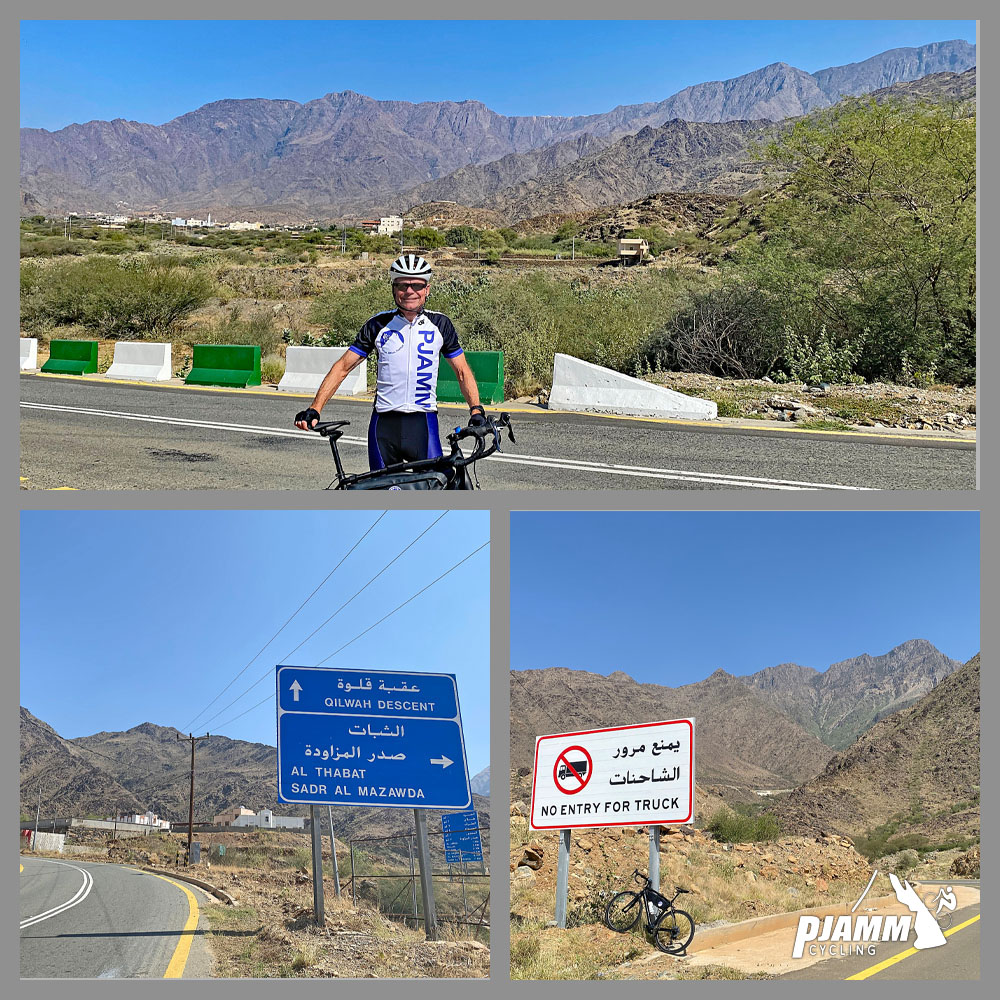 Cycling Bani Horairah - photo collage, roadway sign for Oilwah Descent, Al Thabat, Sadr al Mazawda, bike parked against road sign reading "No Entry For Truck", PJAMM Cyclist John Johnson stands with bike in roadway at the start of the climb, PJAMM Cycling logo in corner