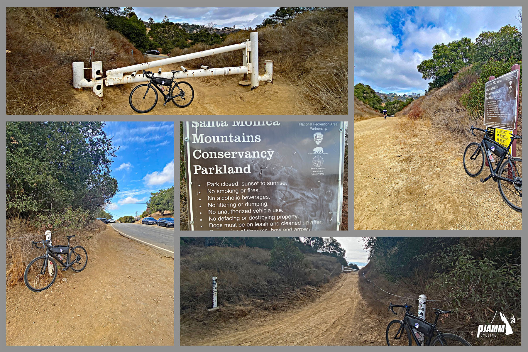 Cycling Big Rock Drive to Stunt Road - photo collage, bike parked along roadside, against sign, and against closed gate leaving Tuna Canyon Park, sign for Santa Monica Mountains Conservancy Parkland, PJAMM Cycling logo in in corner
