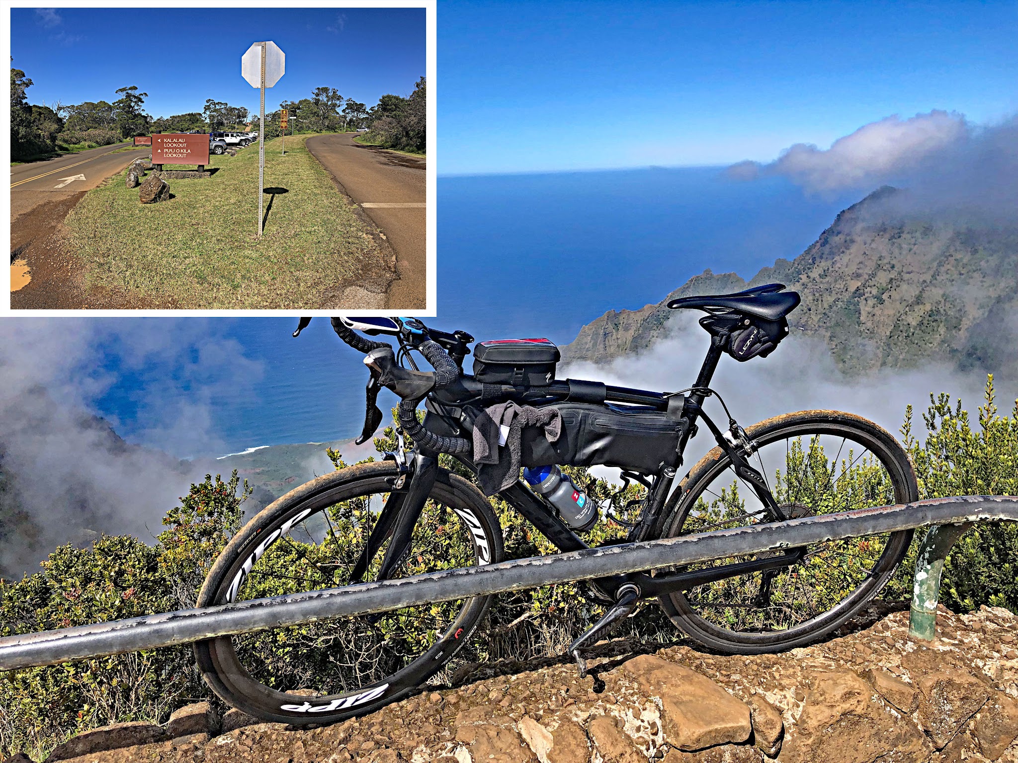 bike parked next to guardrail at climb finish at the top of Kokee Road, looking down over ocean far below