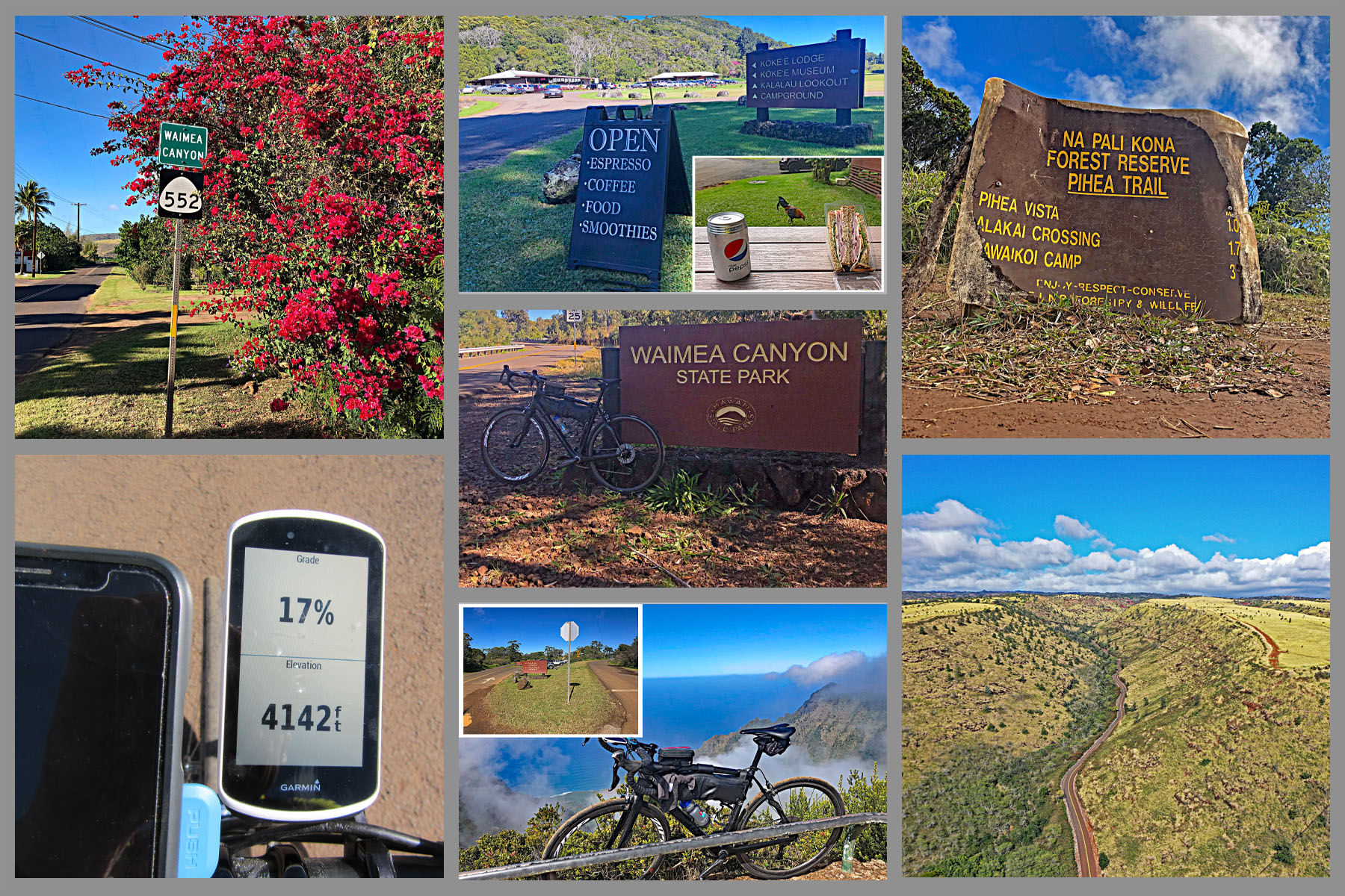 photo collage shows views along the climb route, including signs for Waimea Canyon State Park, and Garmin reading 17%