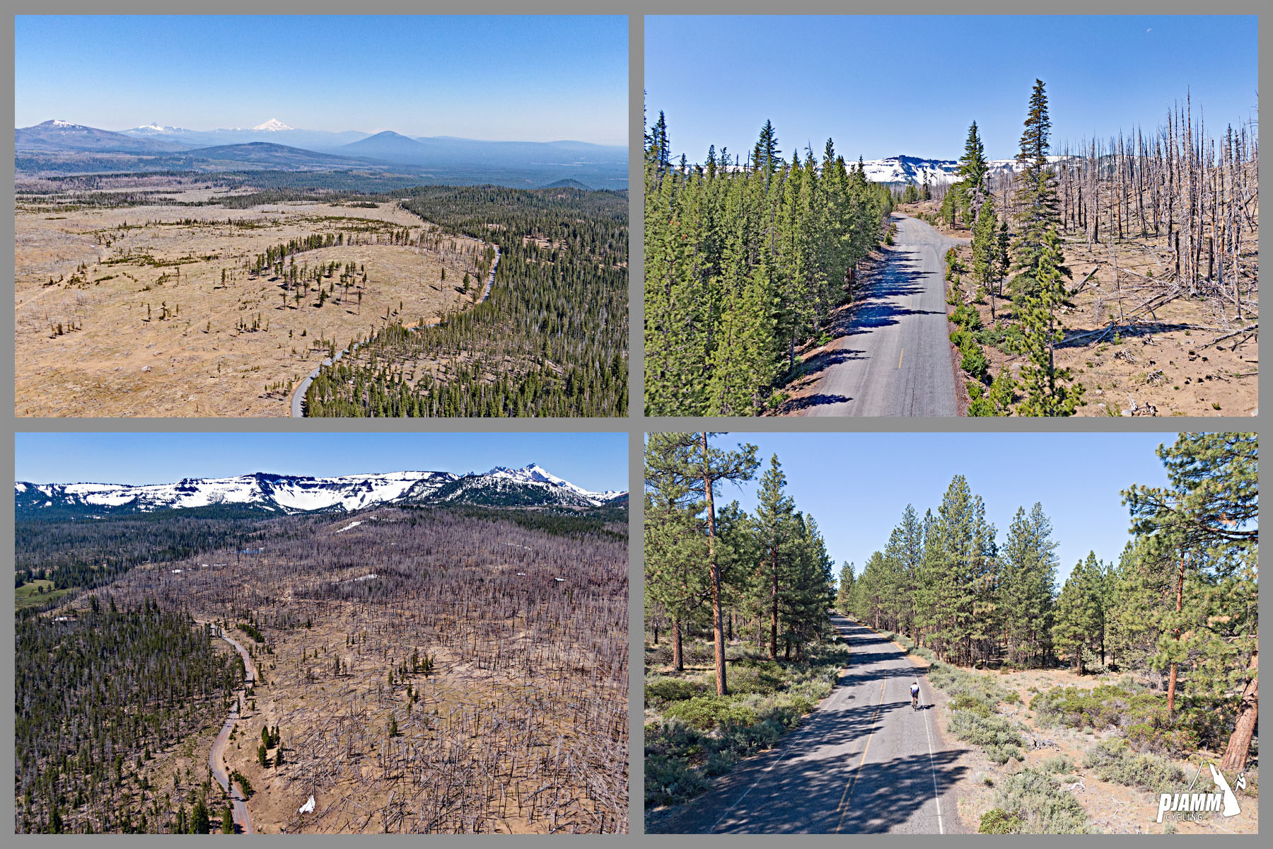 aerial drone photos show recent wildfire devastation to forested area, allowing central Oregon volcanos to be seen in distance, Broken Top Volcano, Three Sisters Volcano