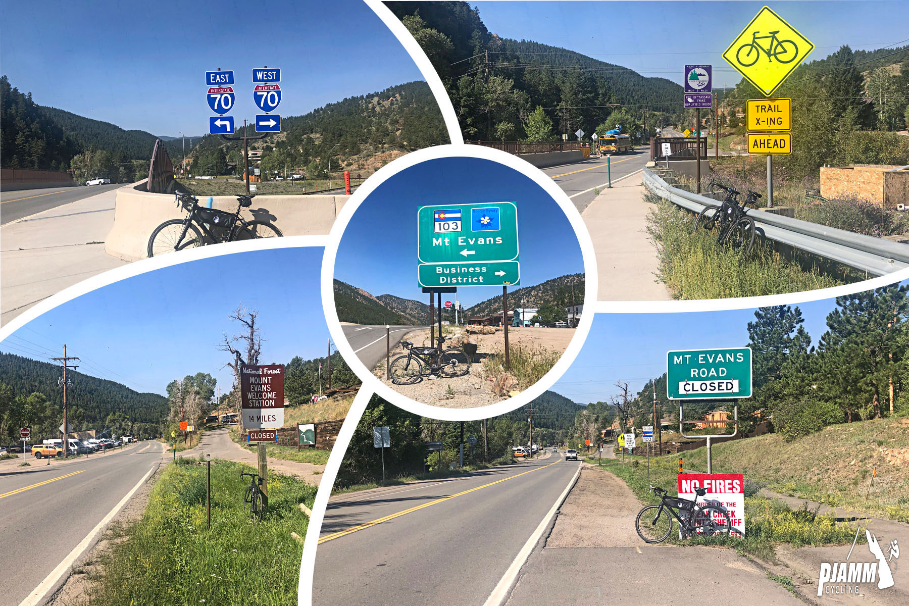Cycling Mt. Evans, Colorado - photo collage, PJAMM Cycling logo in corner, bike parked against retaining wall along signs for I70 East and I70 West, road signs for Mt. Evans