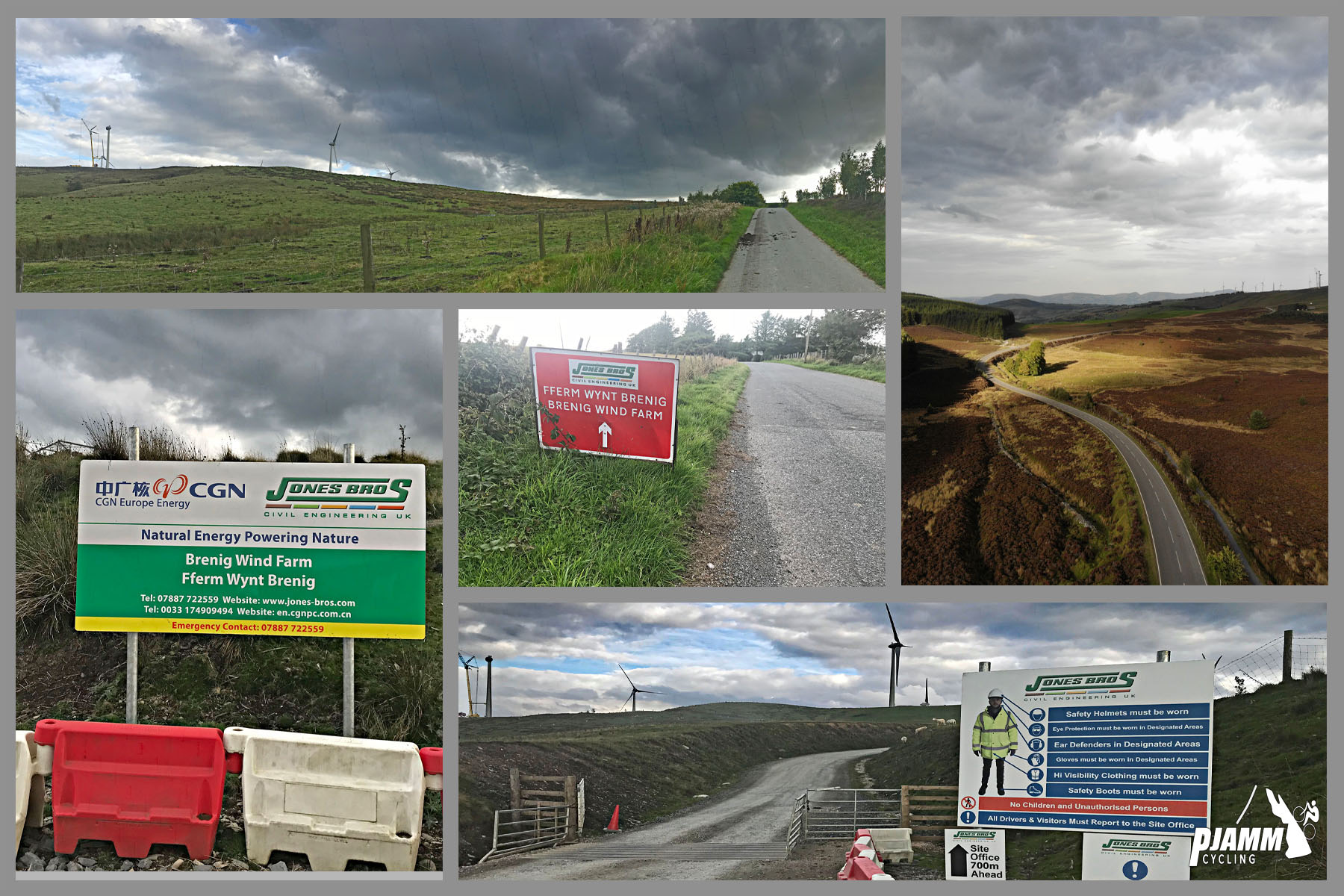 Cycling The Road to Hell, Wales - signs for "Brenig Wind Farm" - Natual Energy Powering Nature, PJAMM Cycling logo in corner