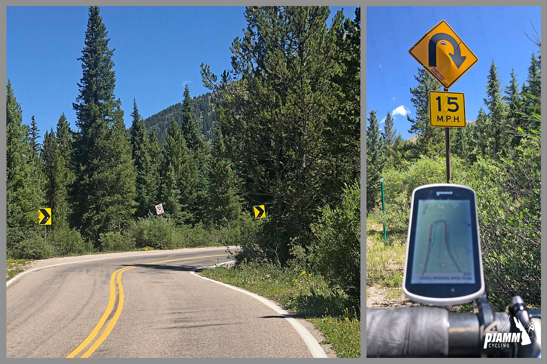 Cycling Independence Pass from Aspen, Colorado - PJAMM Cycling logo in corner, sharp switchback in two lane roadway lined with pine trees, road sign for 15 MPH on switchback