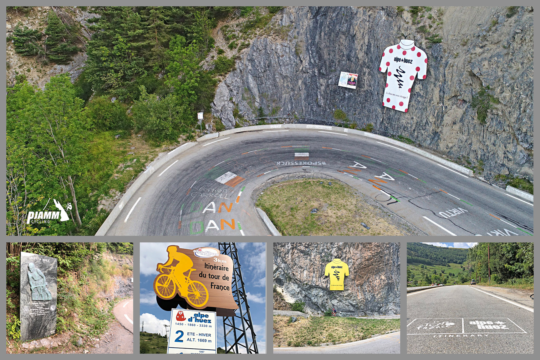 aerial drone view shows Tour de France polka dot jersey sign on rock face along switchbacks, multiple Tour de France signs along climb route