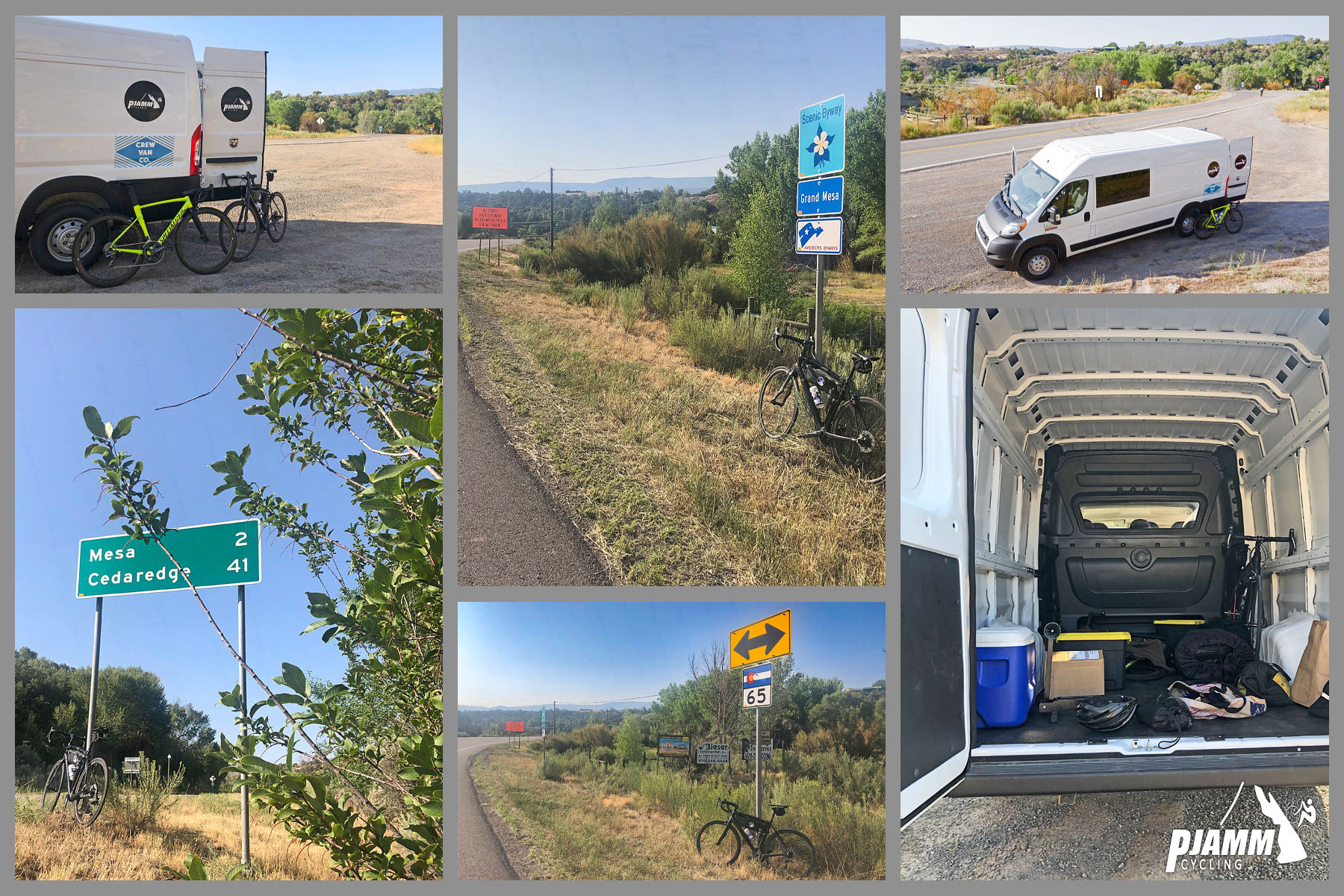 Cycling Grand Mesa North - photo collage, PJAMM Cycling logo in corner, bike parked next to road sign for Mesa and Cedaredge, bike parked next to Scenic Byway road sign, bikes parked against PJAMM Cycling white SAG van, view of van on roadside from above, back of Van with the doors open looking in