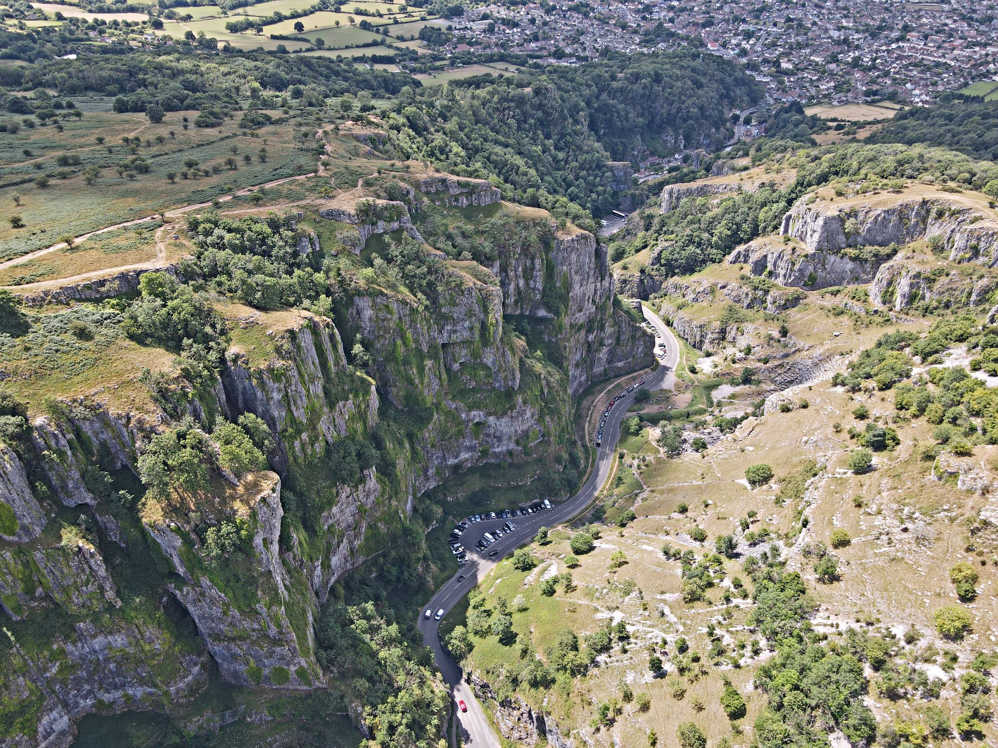 aerial drone view shows views of limestone rock faces at Cheddar Gorge