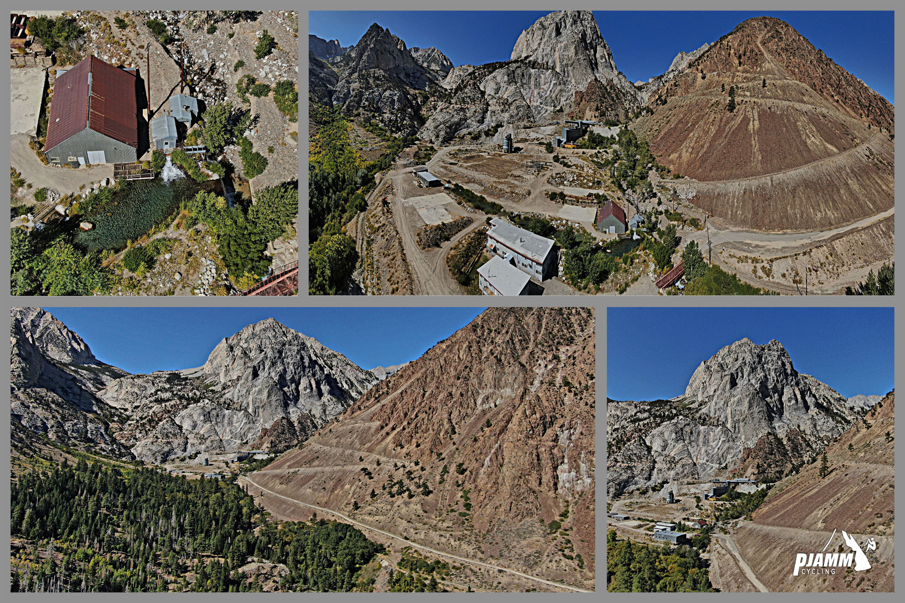 Cycling Pine Creek Road, California - aerial drone views from abandoned tungsten mine at end of climb